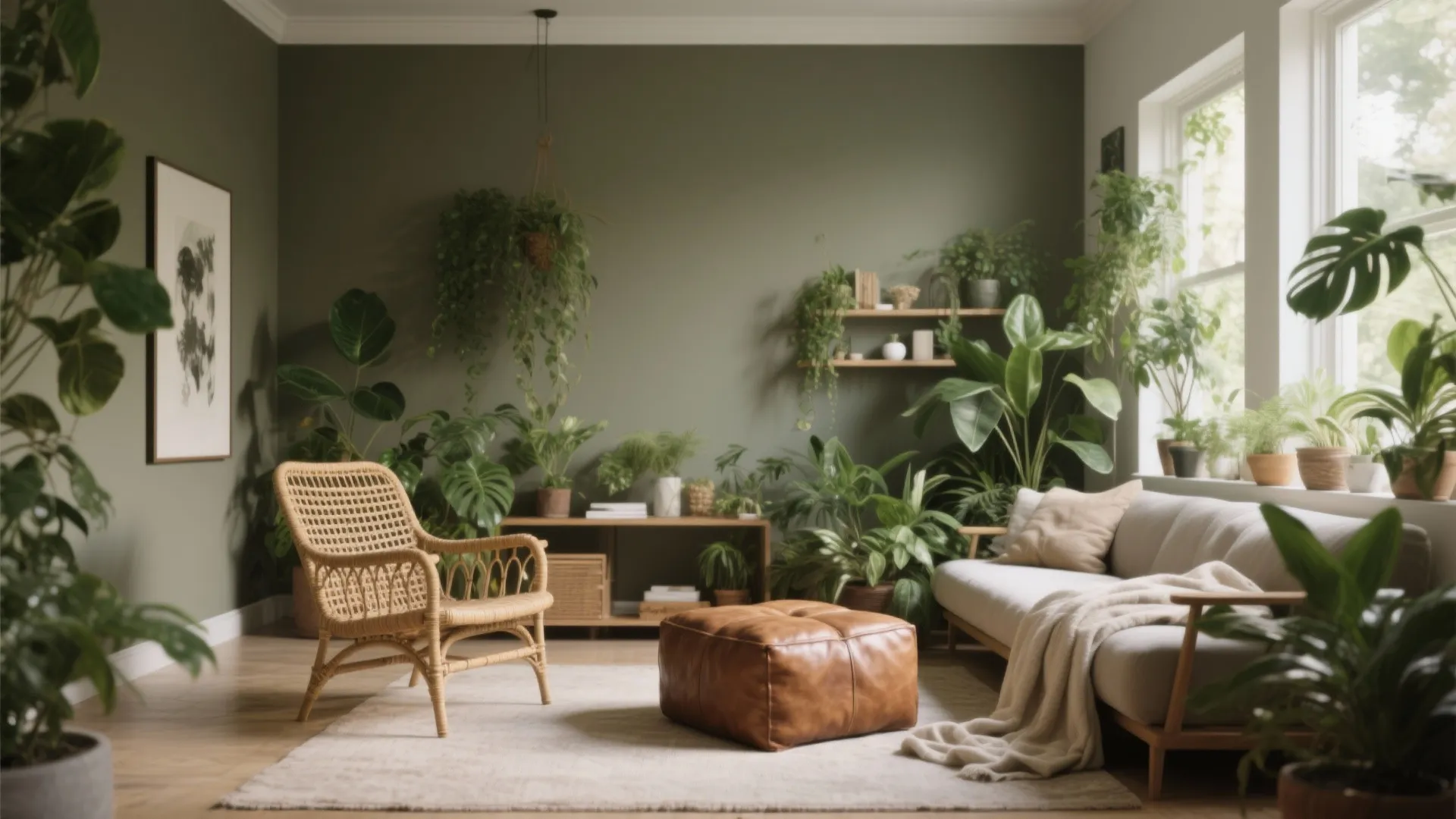 Living room with muted olive-gray walls, rattan furniture, leather and linen accents.