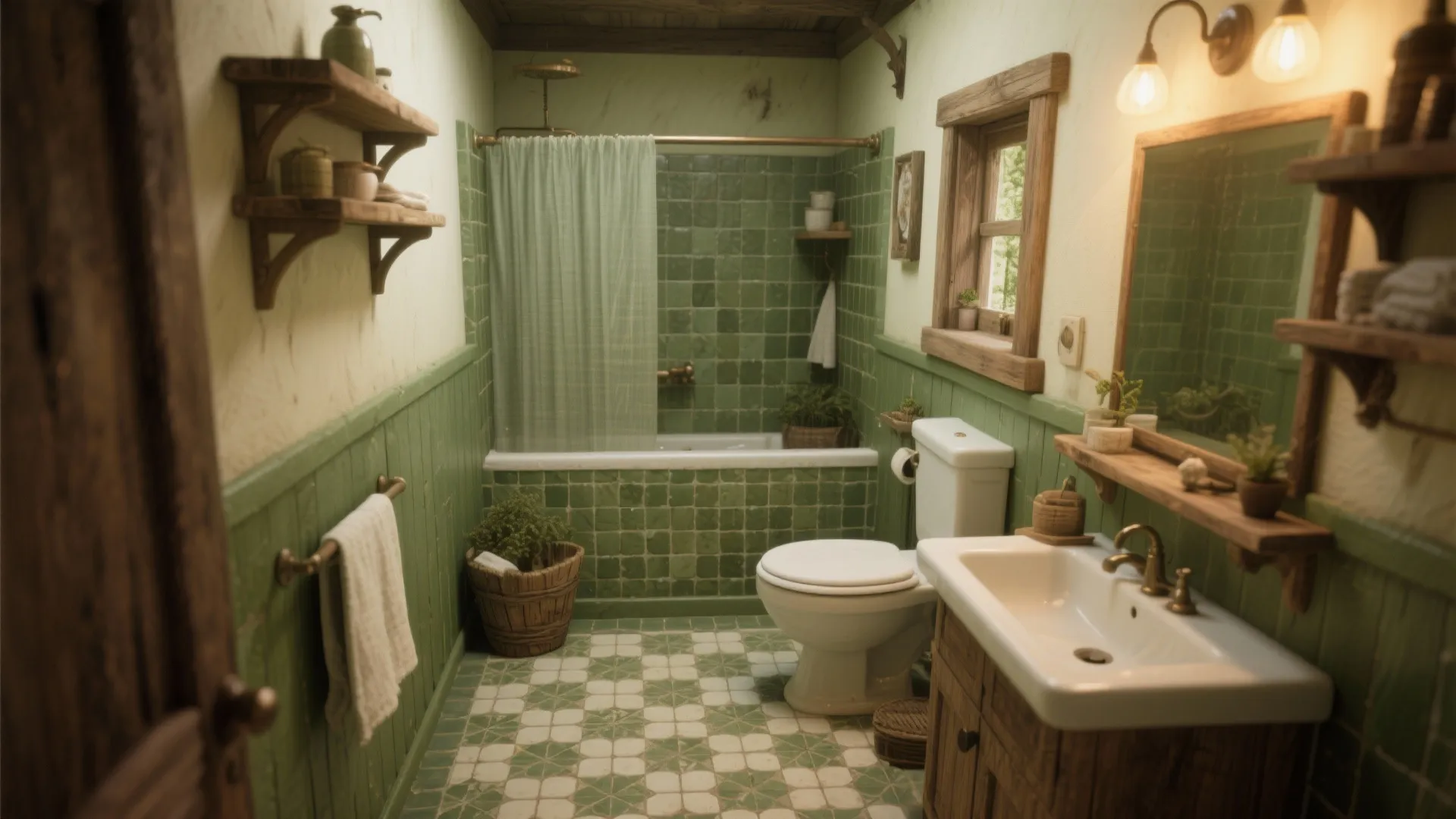 Rustic bathroom with olive green wall panels wooden shelves white sink toilet and green floor tiles