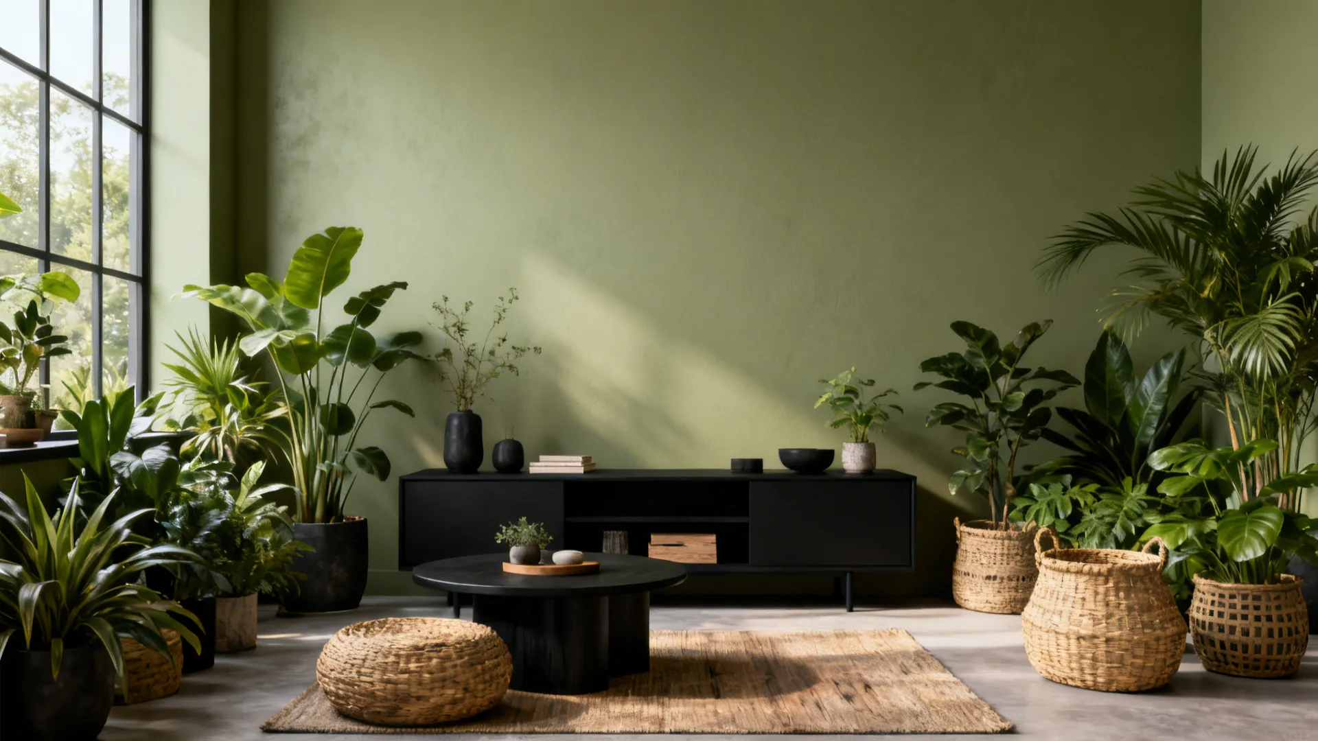 Calm living space with olive green walls, black furniture and natural textures with plants