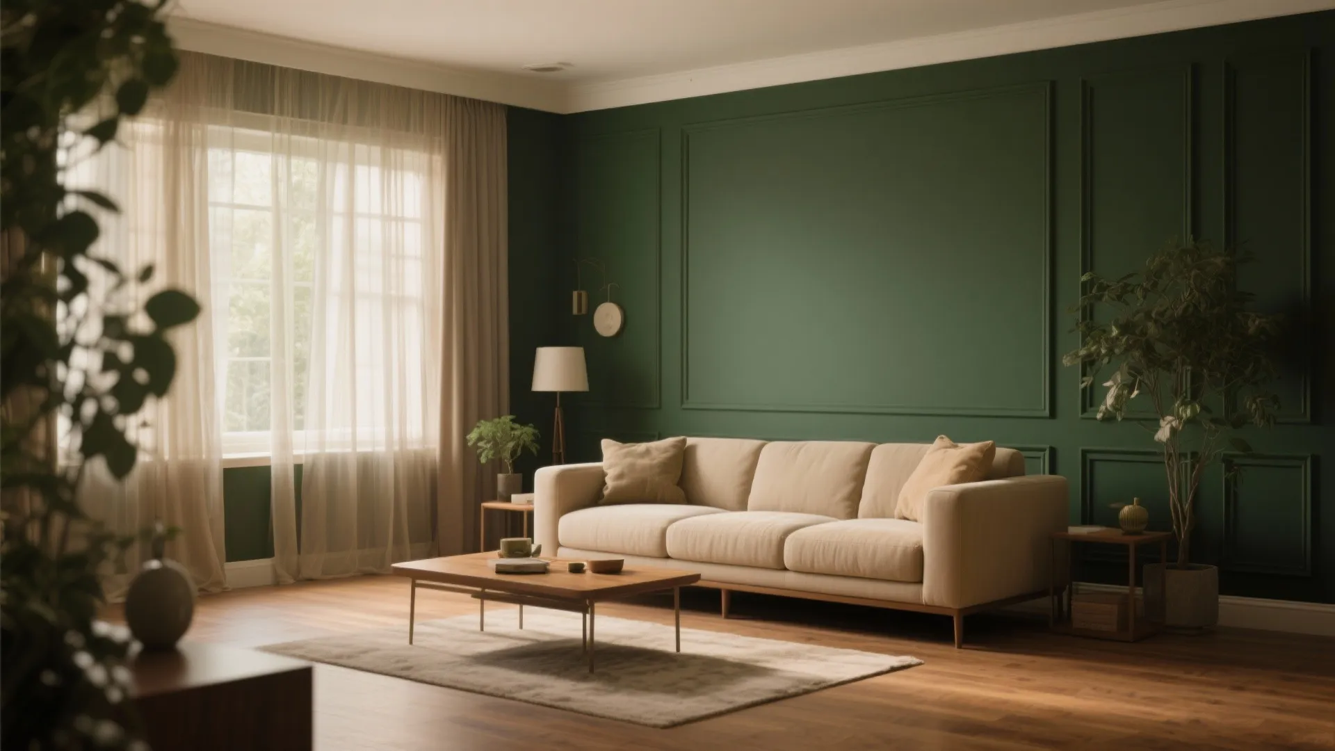 Modern living room featuring dark green wall panel beige sofa wooden floor and white window curtain