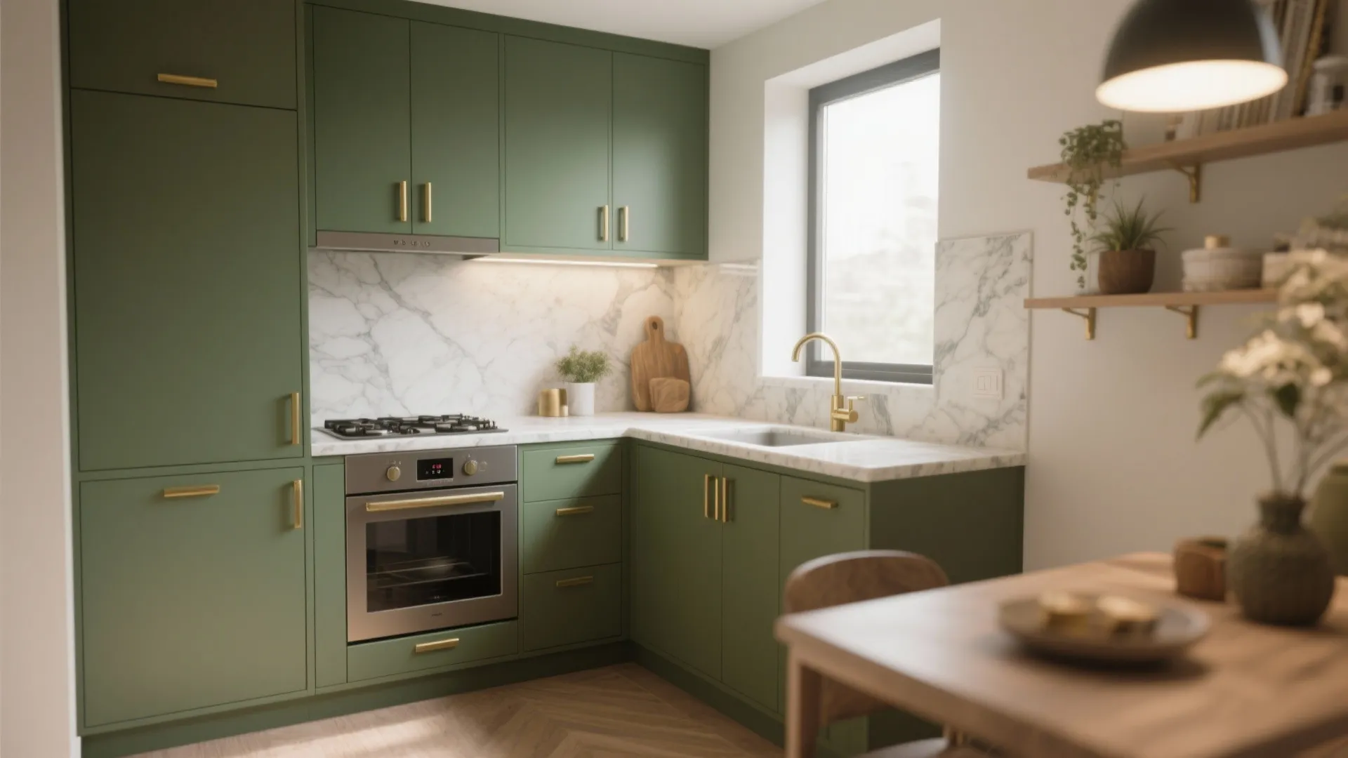 Modern olive green kitchen with marble backsplash gold hardware oven sink and wooden dining table set