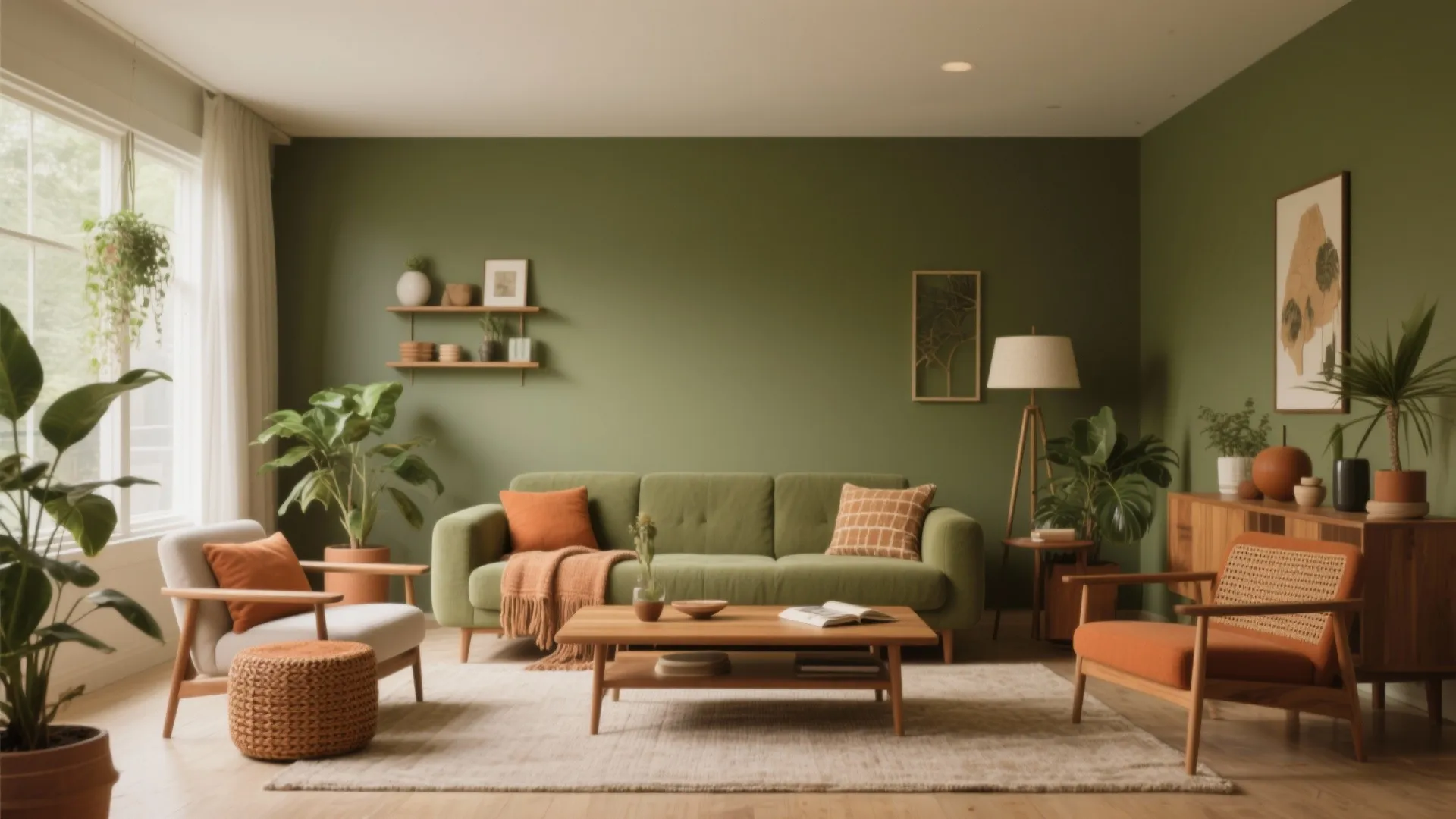 Olive green mid-century living room with natural textures