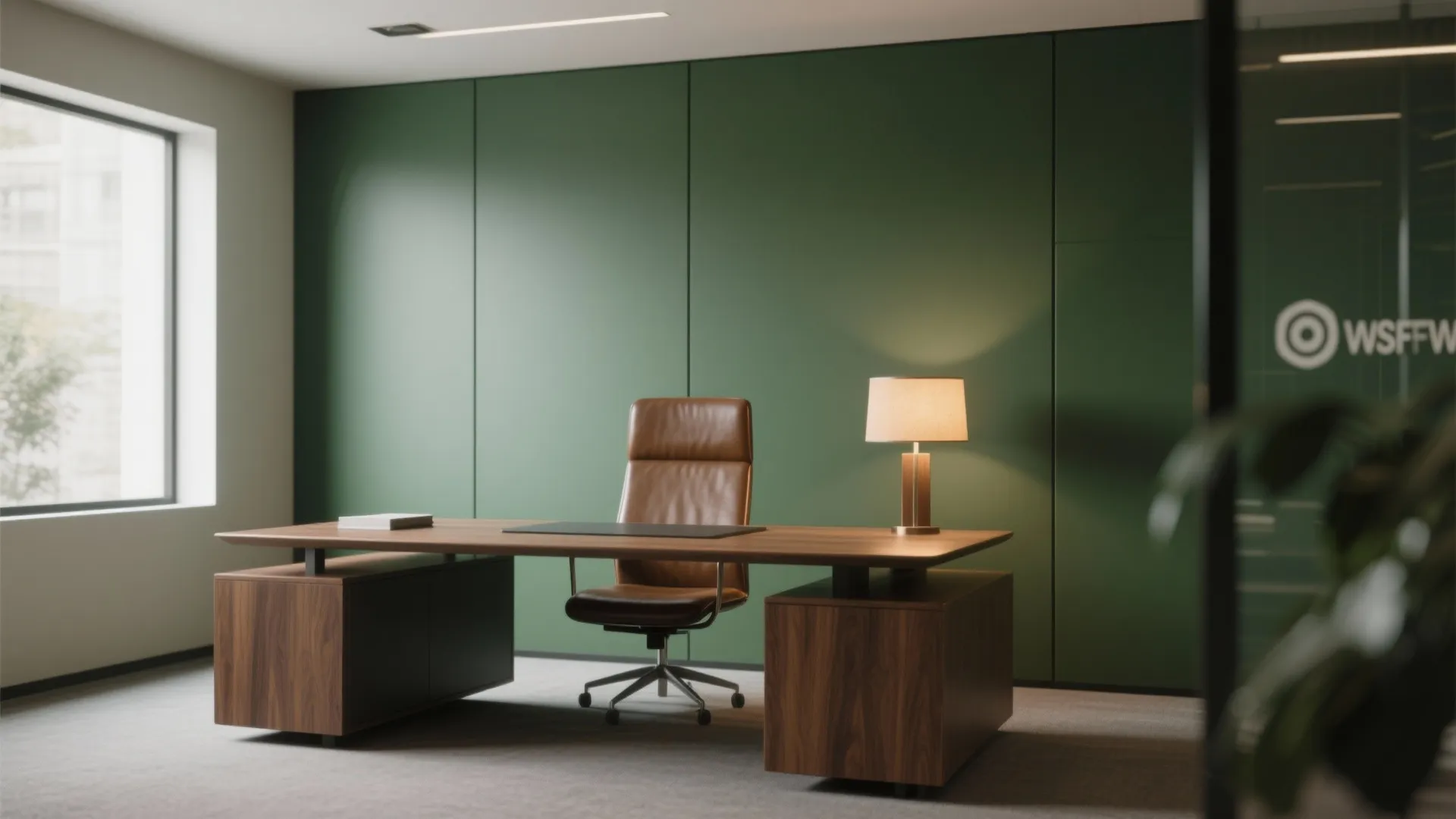 Executive office with green wall wooden desk brown leather chair desk lamp and big windows