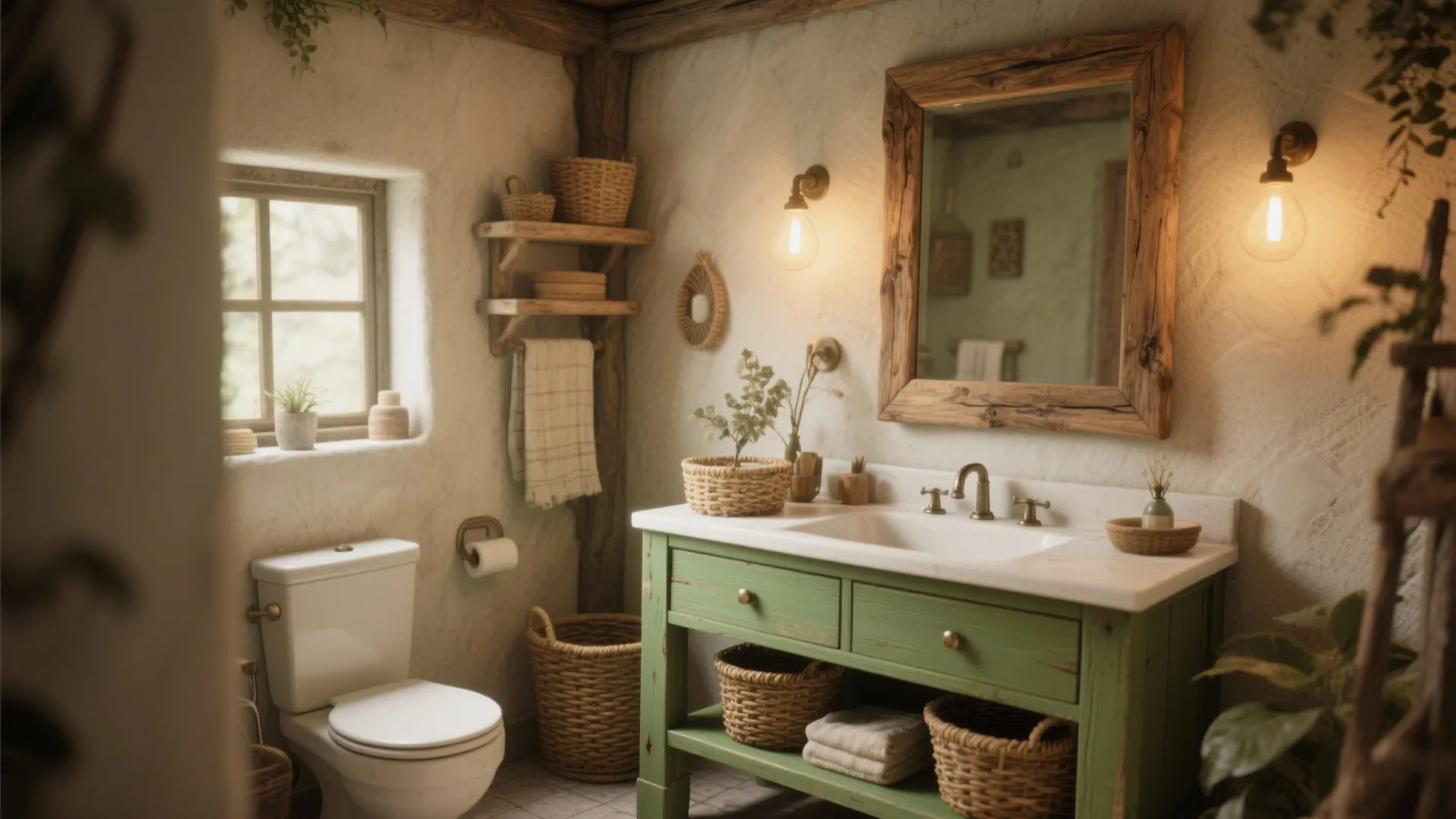 Olive green vanity with rustic wood and basket decor