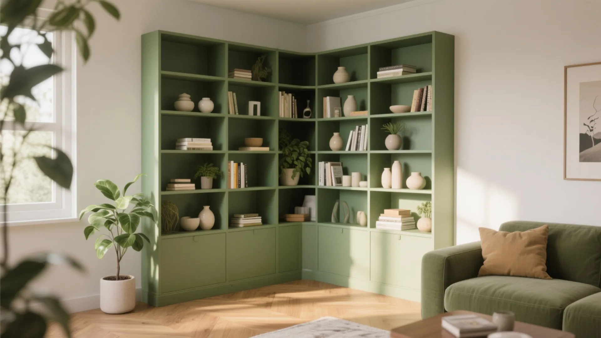 3. Olive Green Built-In Shelves