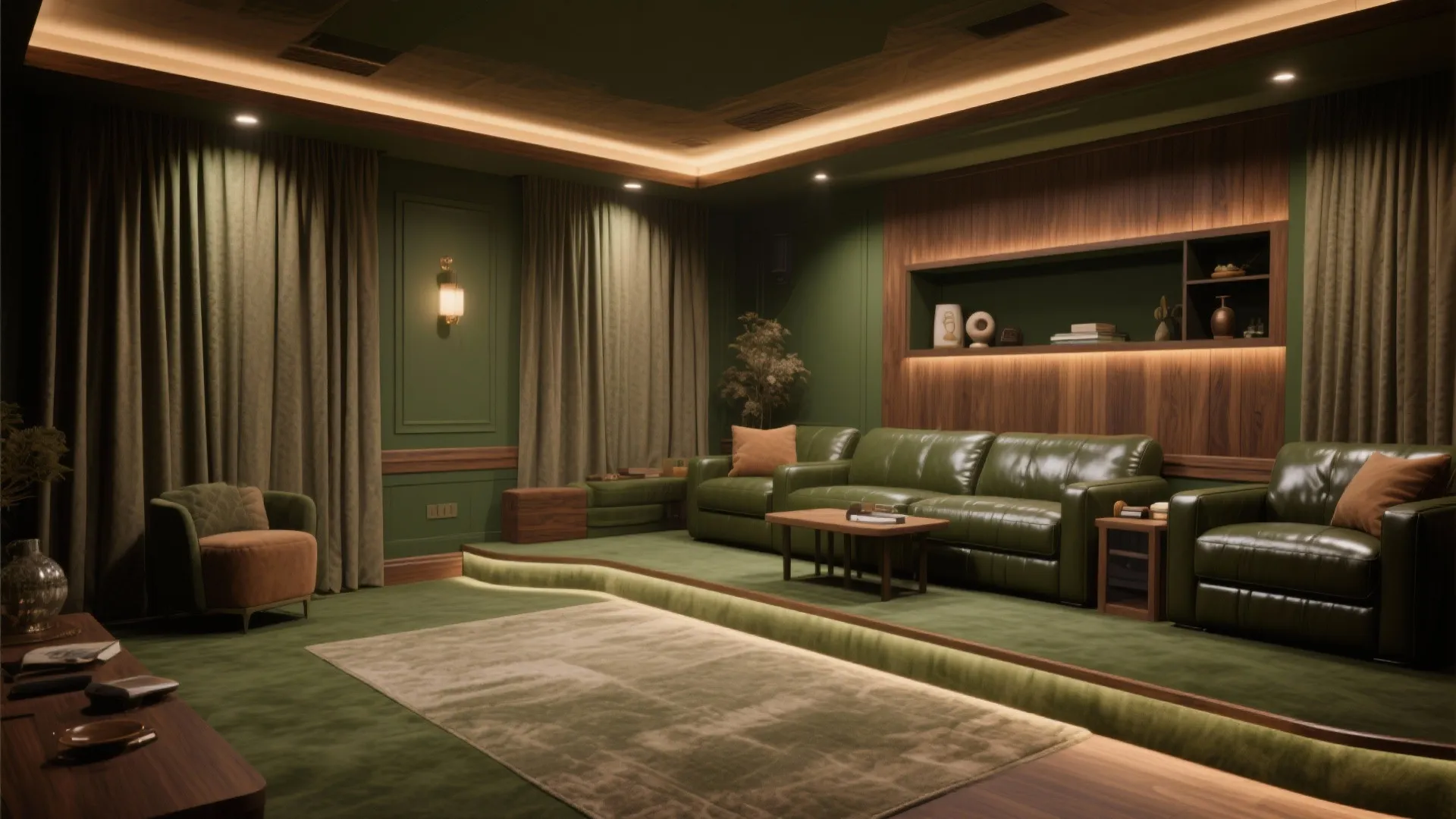Modern olive green home theater room with leather sofa coffee table wood panels and ceiling light