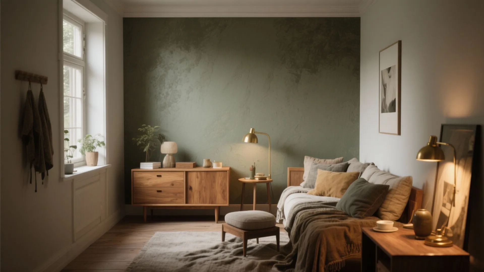 Living room with green textured wall wooden cabinet sofa footrest gold lamps and grey rug