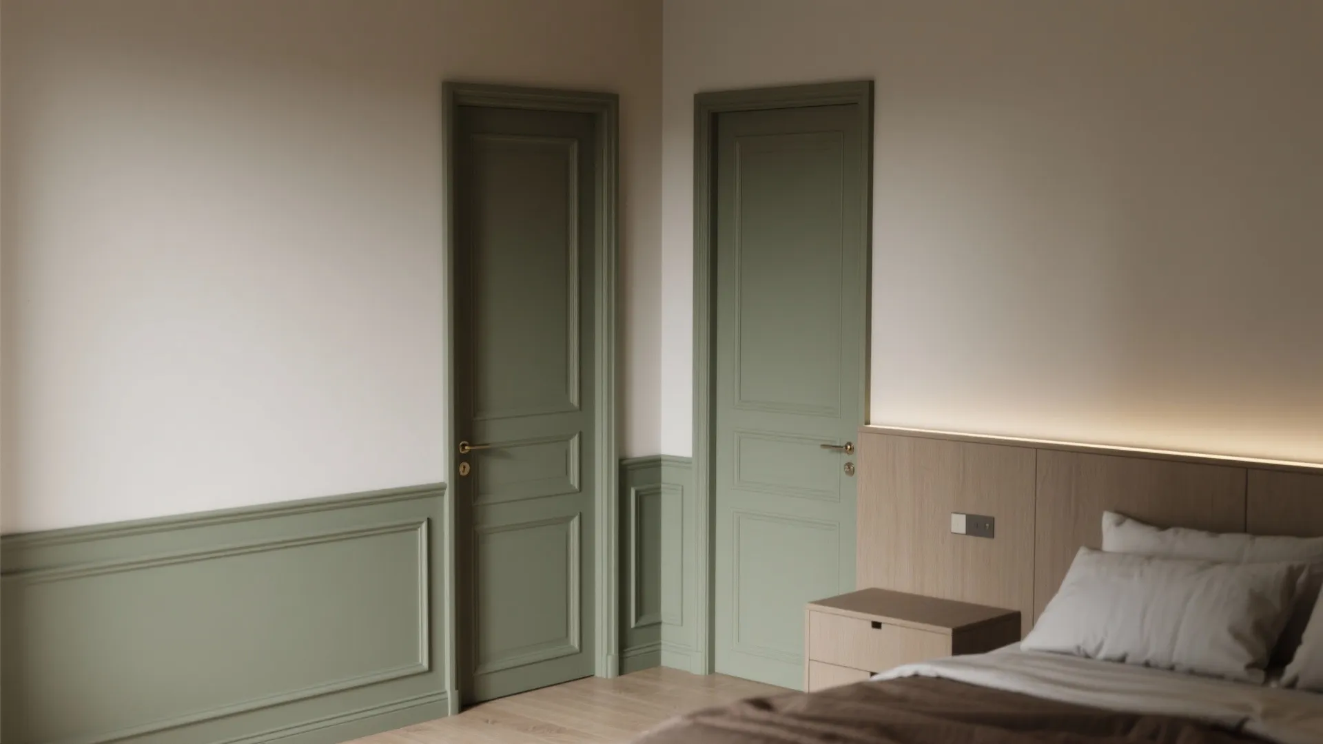 Bedroom showing olive-grey trim and door against soft neutral walls emphasizing precise painting