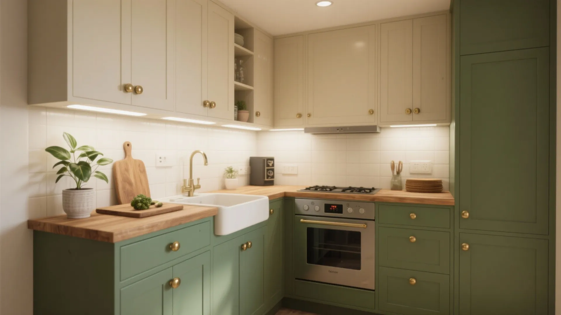 Compact kitchen with olive lower cabinets, warm wood countertops and brass hardware showcasing a small-budget refresh.