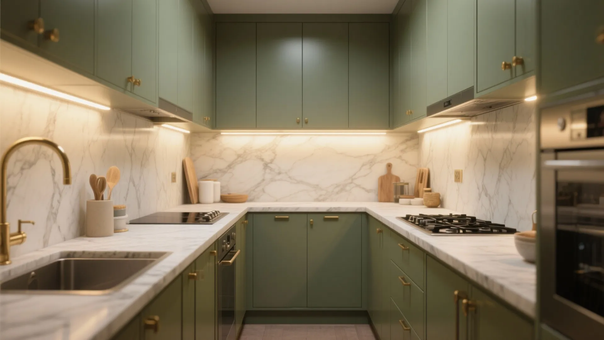 U-shaped kitchen with olive green cabinets, marble countertops, gold hardware, and warm under cabinet lighting