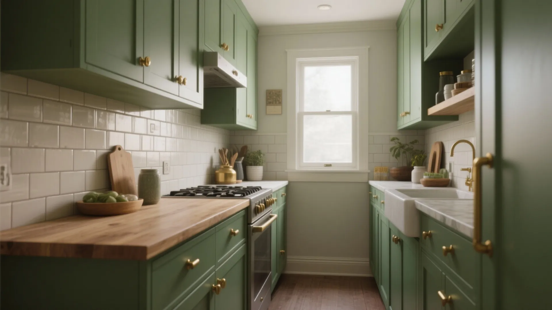 Olive Cabinets in a Compact Kitchen