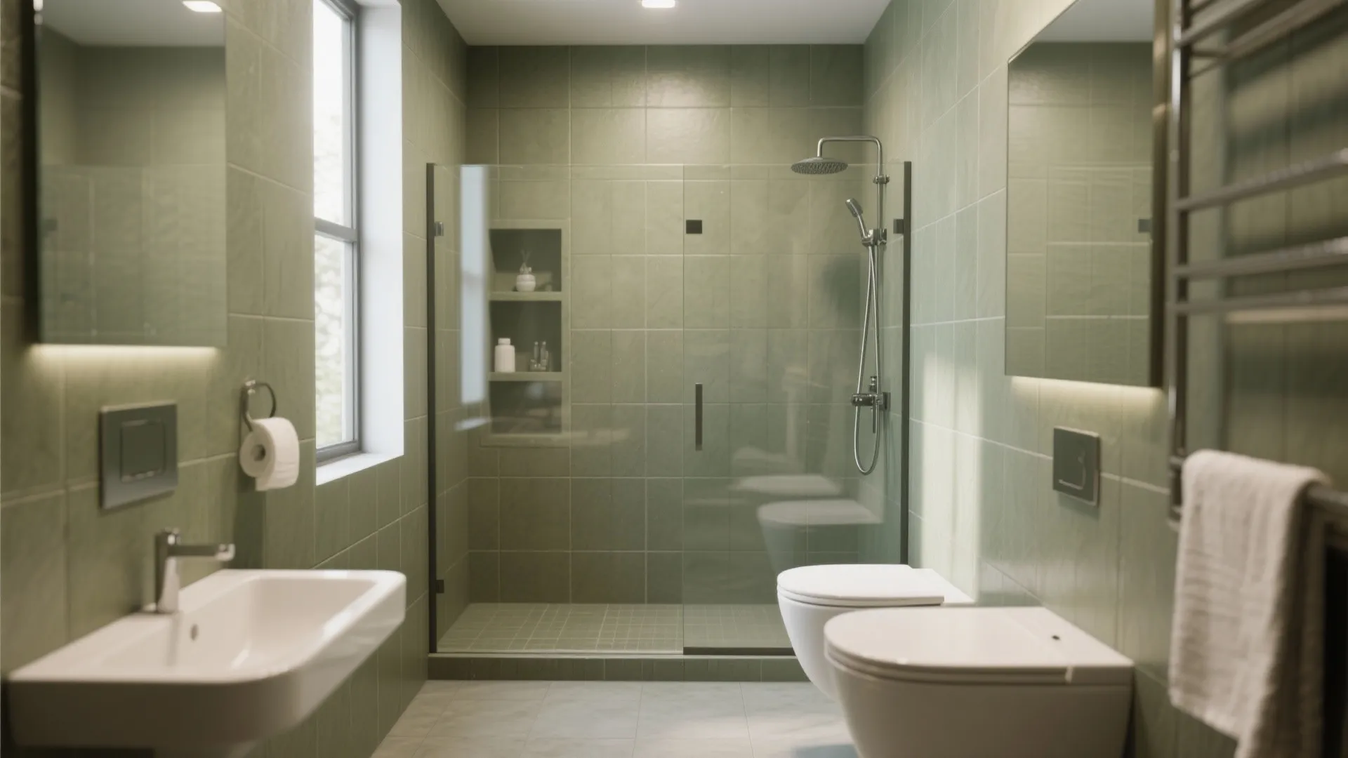 Small bathroom with olive large-format matte tiles and frameless shower for a seamless look