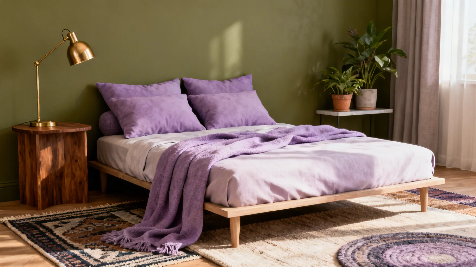Tiny bedroom corner with olive wall, lavender cushions and brass accents