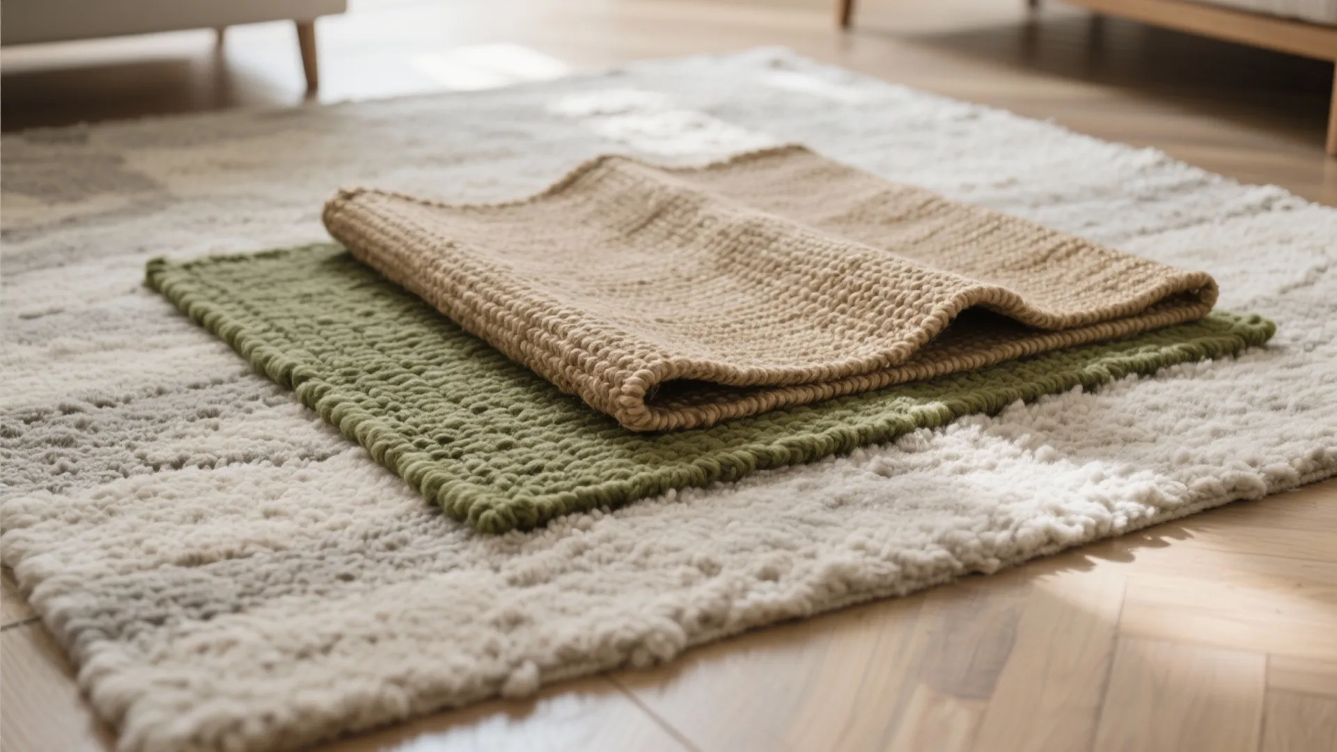 9. Olive and Neutral Layered Rugs