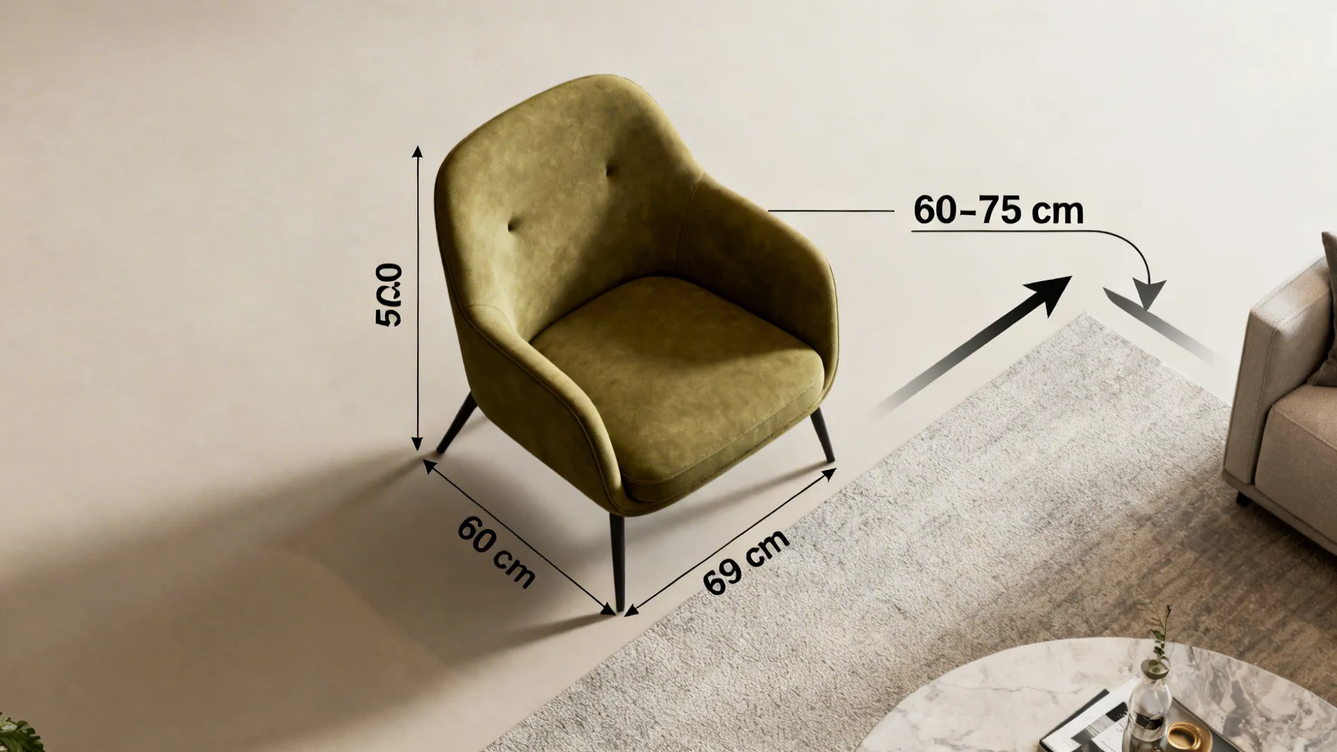 Top-down layout showing an olive chair as focal point with recommended clearance measurements
