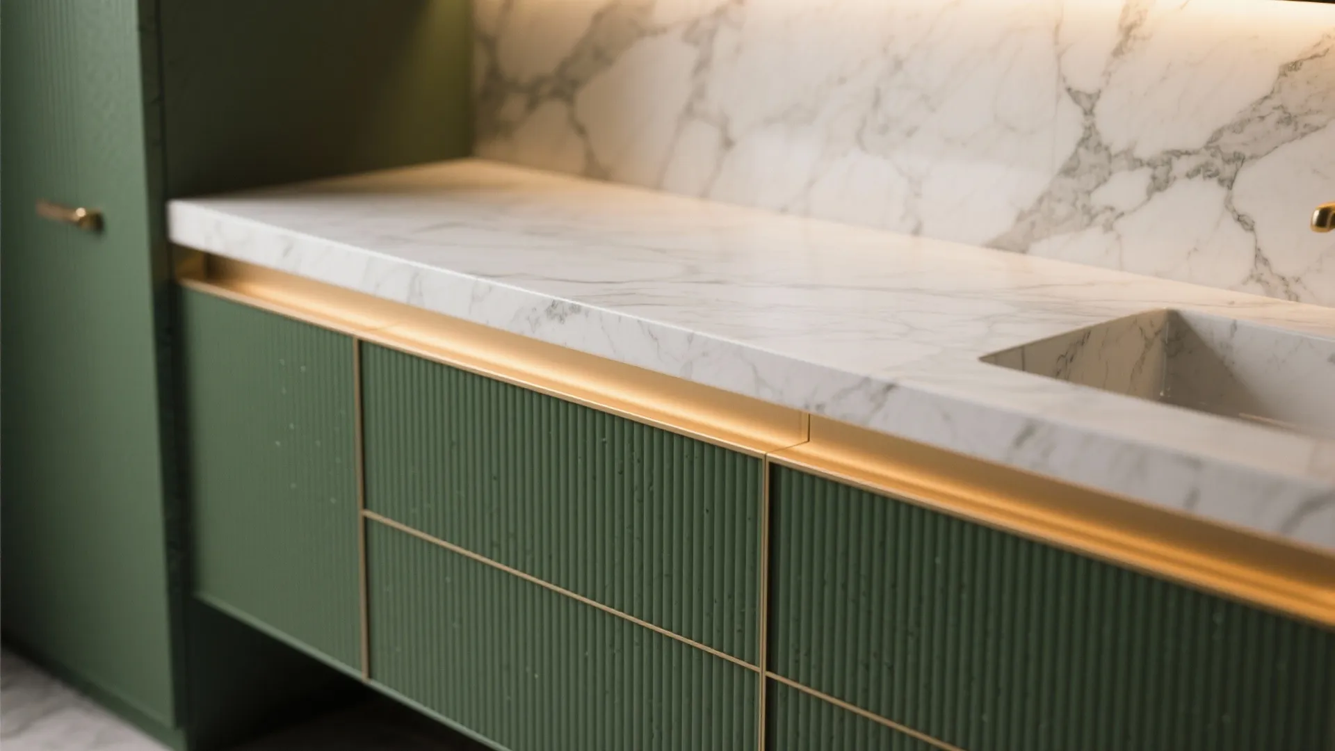 Close up of green textured cabinet featuring white marble counter with gold accents and lighting