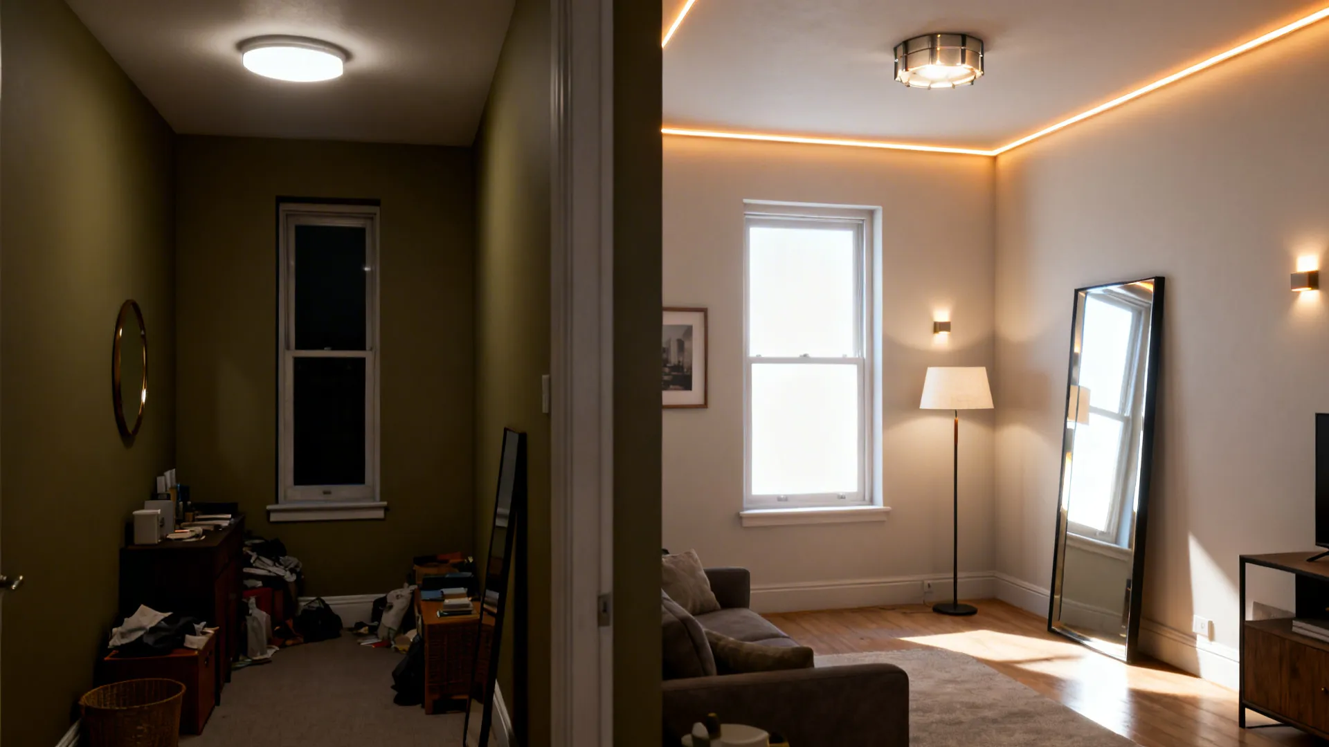 Before and after of a small living room showing improved lighting and mirror to expand space