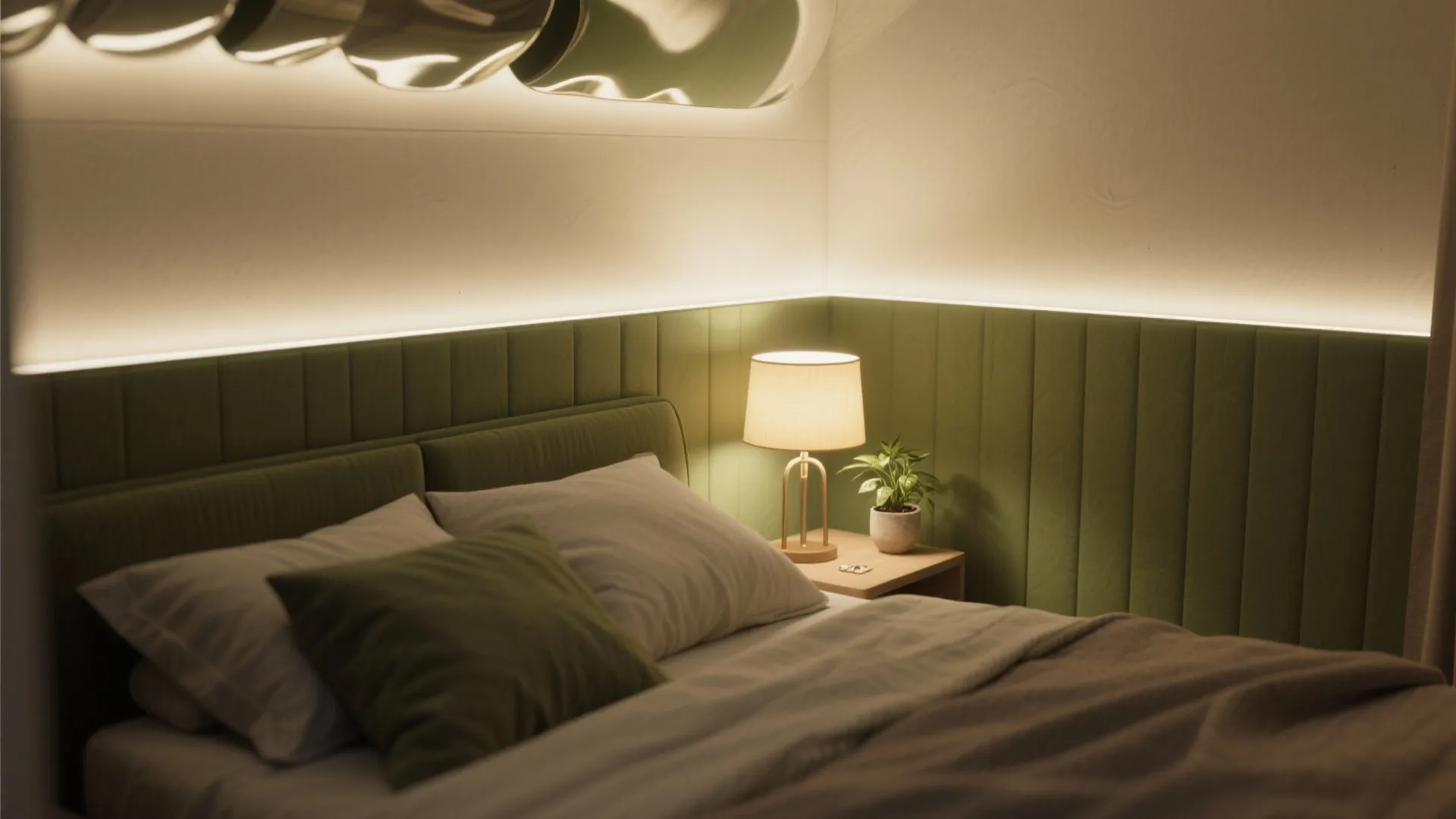 Layered warm lighting in an olive-accent bedroom illustrating calming, restorative atmosphere.