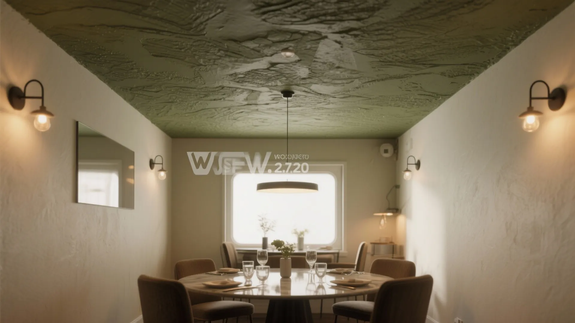Dining room with olive green textured ceiling, round table, chairs, wall lights, and hanging light