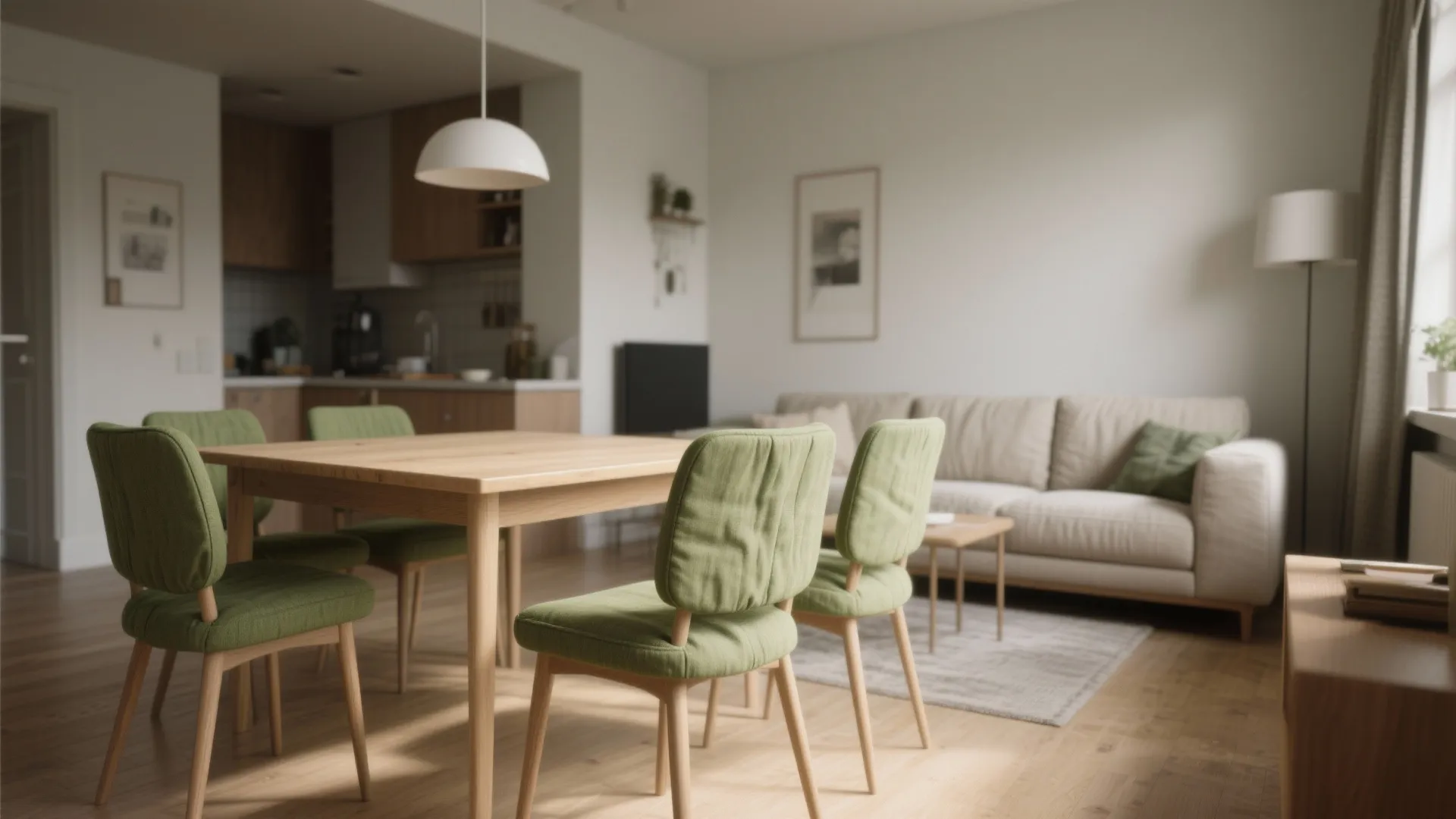 Open-plan dining area with olive linen-upholstered chairs and light wood table