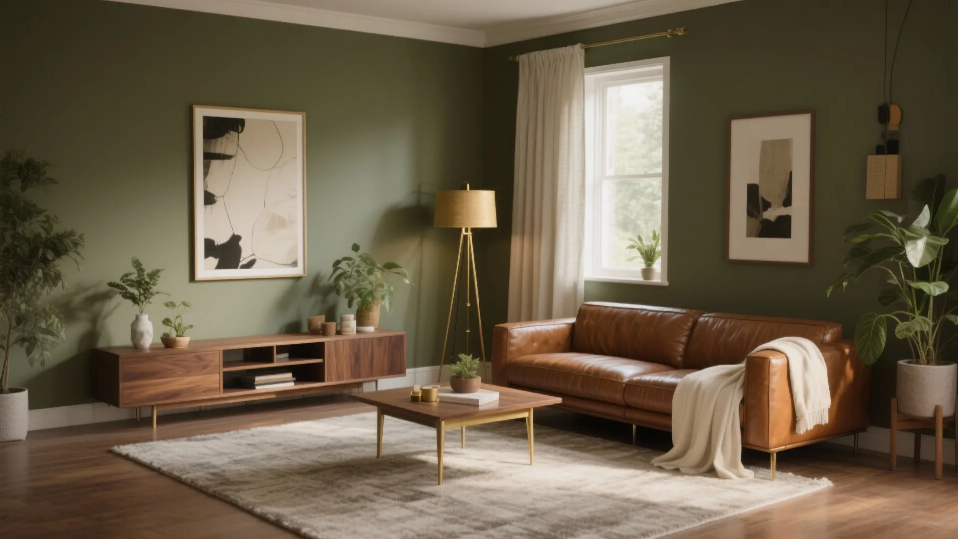 Olive Living Room with Warm Metals