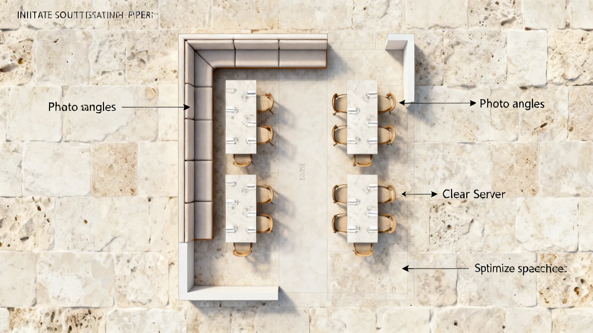 Top-down L-shaped seating plan for a courtyard private nook with clear service aisle.