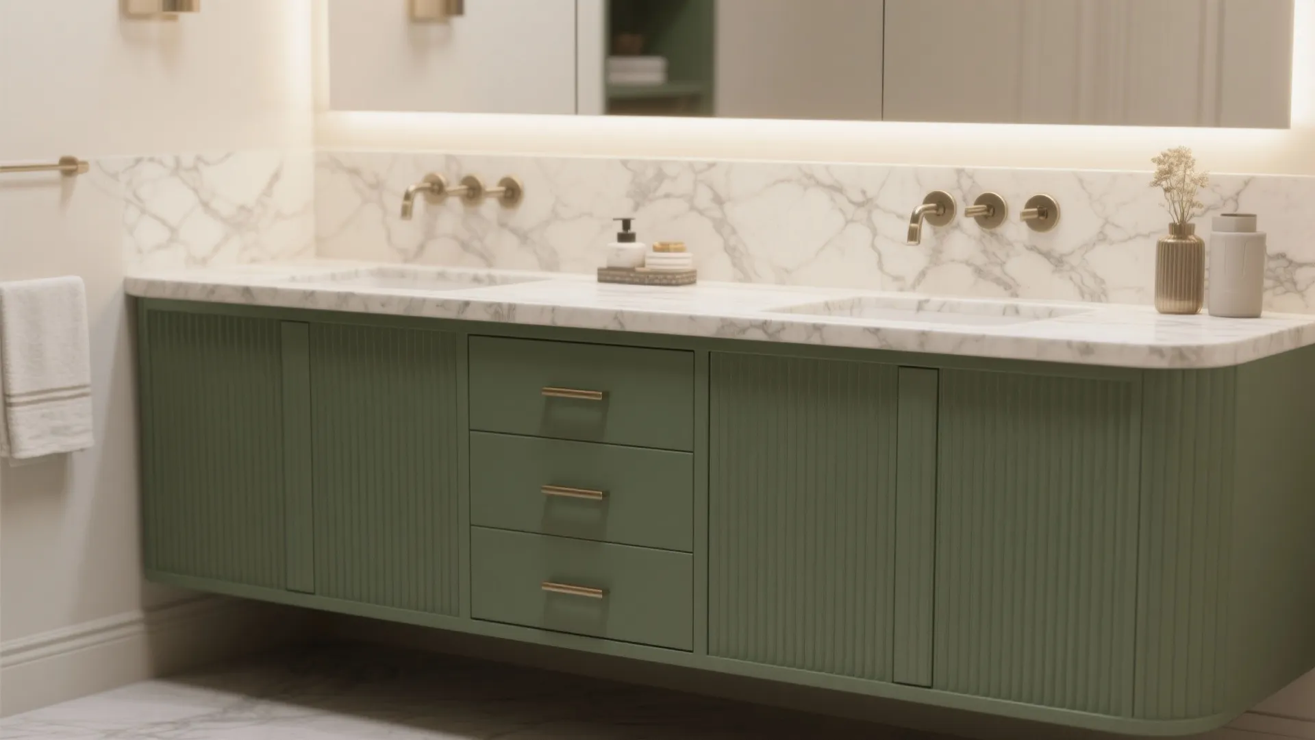 Close up of olive green bathroom cabinet with marble countertop gold faucets and round mirror