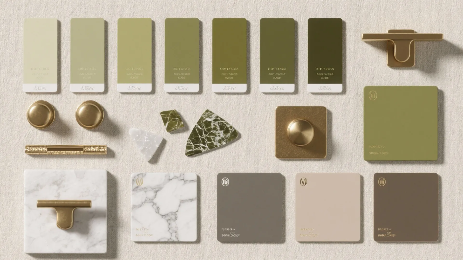 Material mood board with olive green color swatches white marble tiles and gold metal handles