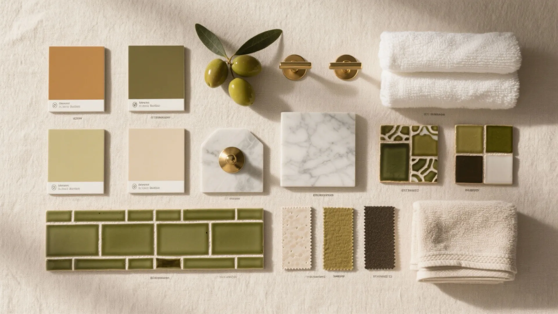 Collection of green tiles, marble samples, gold handles, white towels, and fabric swatches for bathroom
