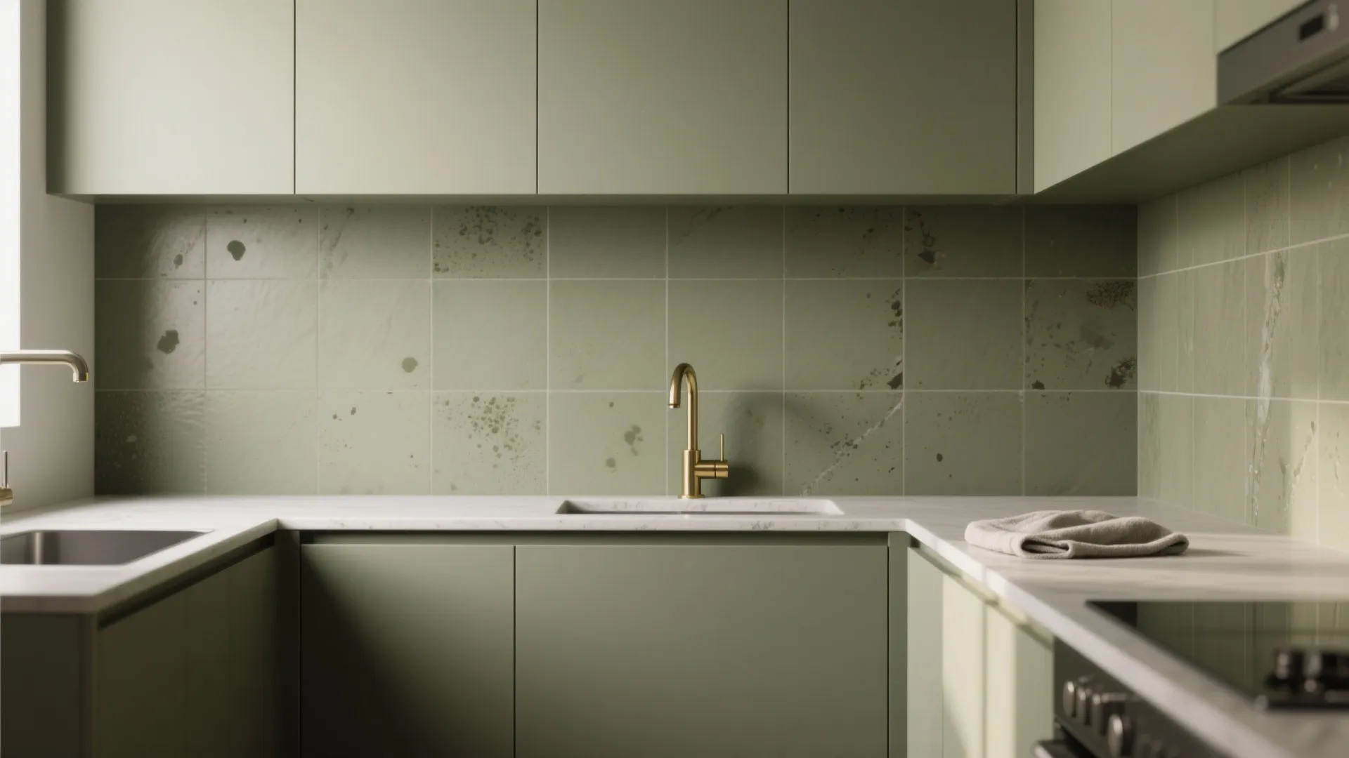 Small kitchen with olive matte large-format slab backsplash, brass hardware and minimalist styling