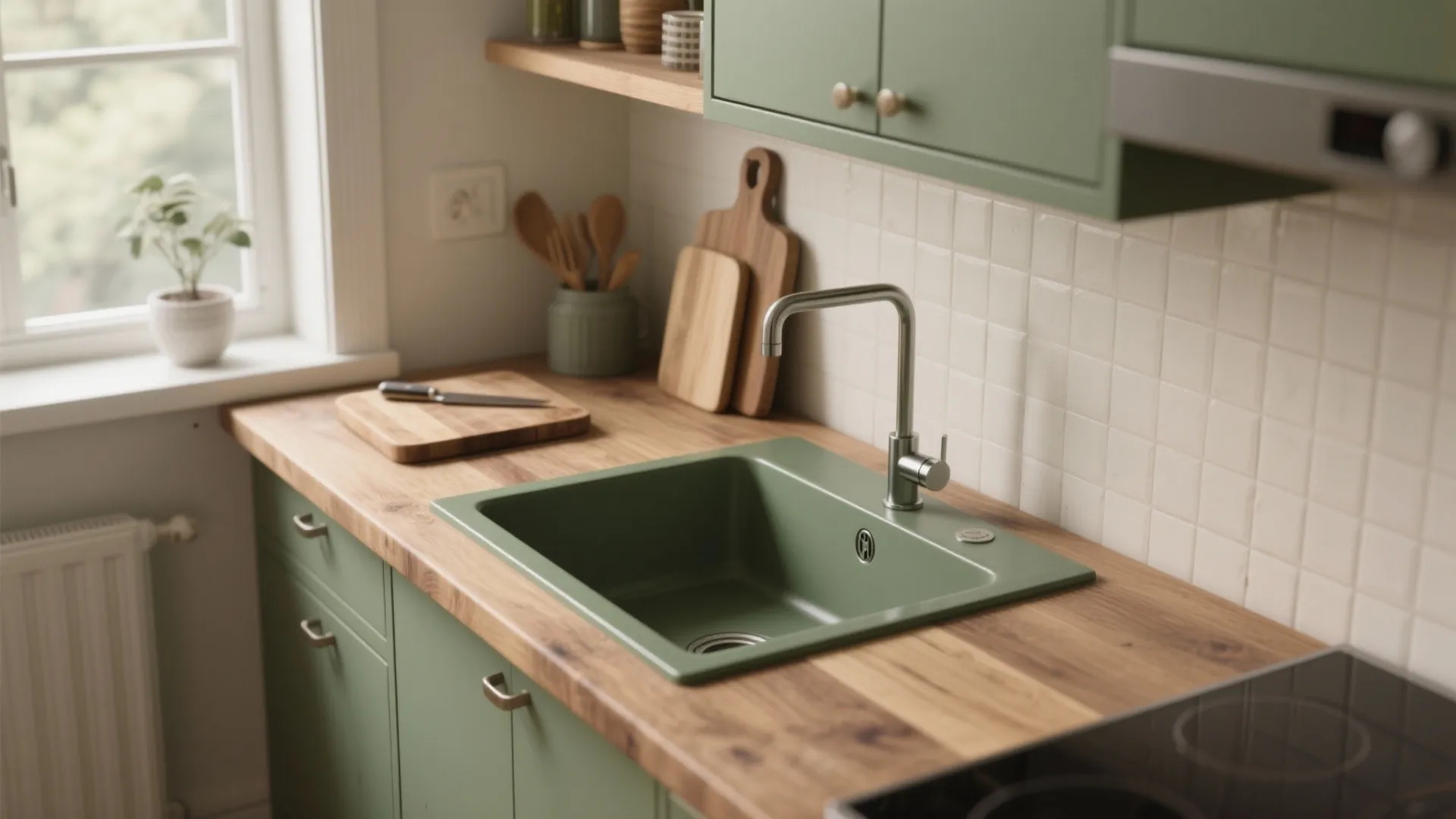 Green kitchen cabinets with wooden countertop featuring a matching green sink and silver tap fixture