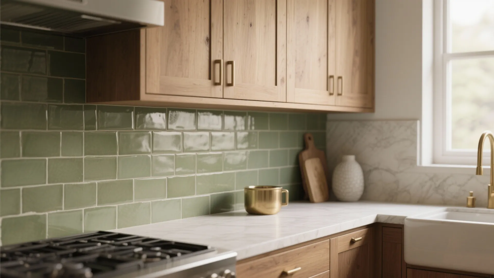 Kitchen interior with green wall tiles wooden cabinets white marble counter top and gold water tap