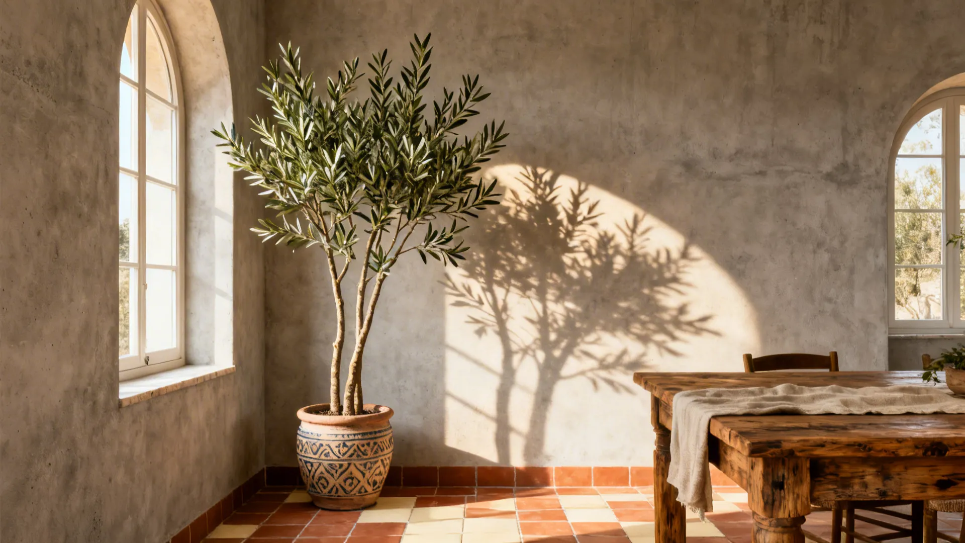 Olive tree in patterned pot inside Mediterranean room with stone walls and a wooden table