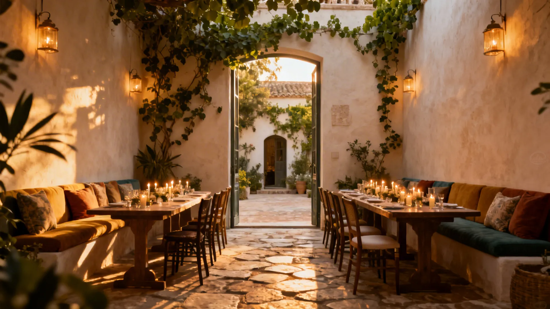 Mediterranean courtyard private nook with pale walls, greenery, and golden-hour light.