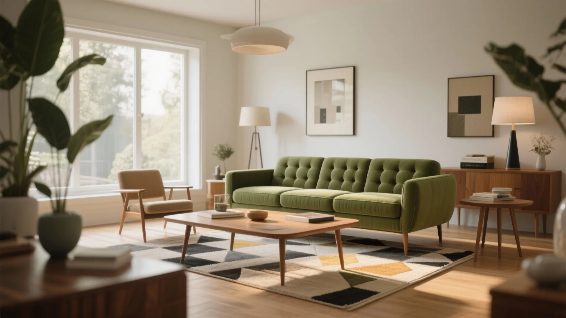 7. Olive Sofa with Mid-Century Modern Lines