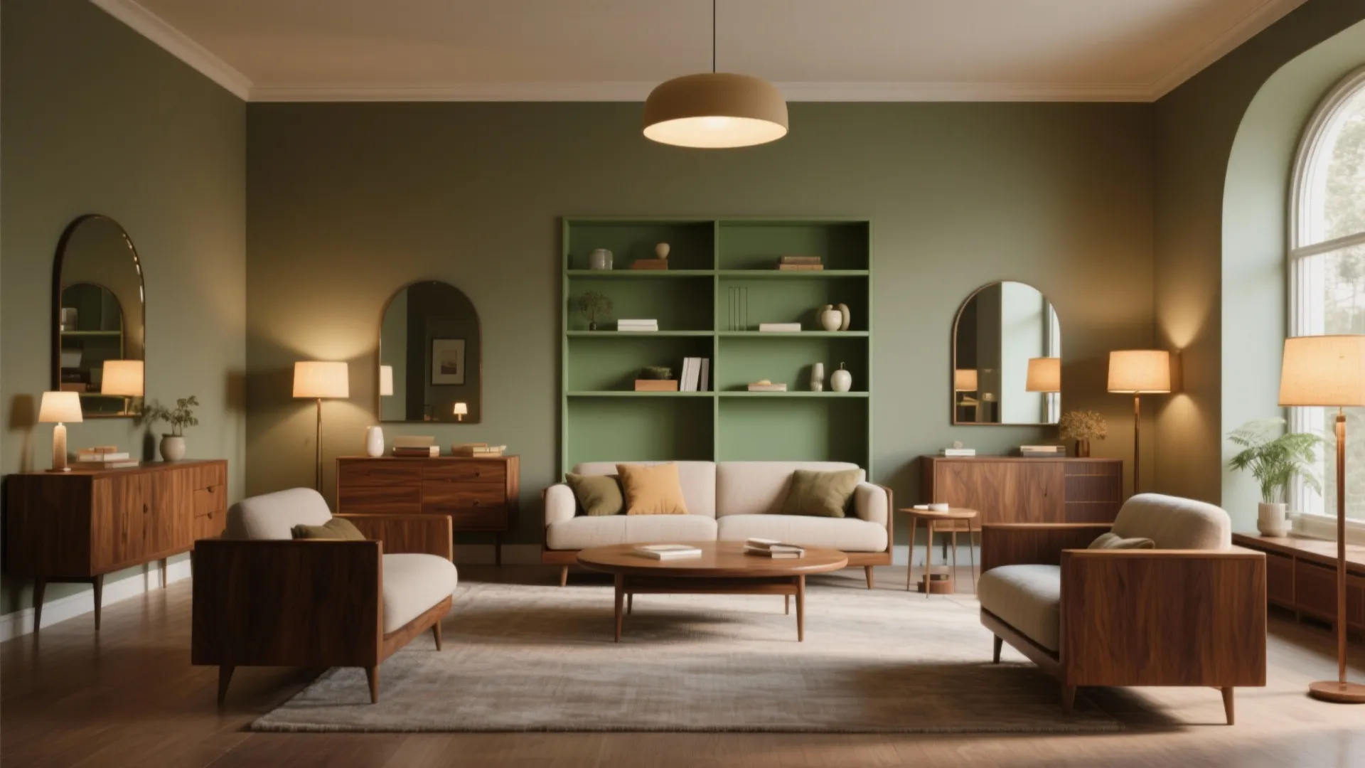 Mid-century living room with olive green walls wooden cabinets round coffee table and ceiling light