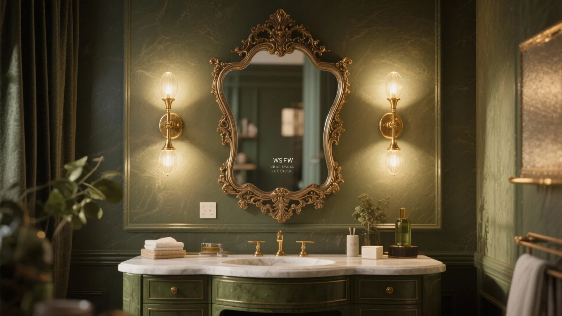 Green bathroom wall panel with ornate gold mirror flanked by two glowing golden wall lights