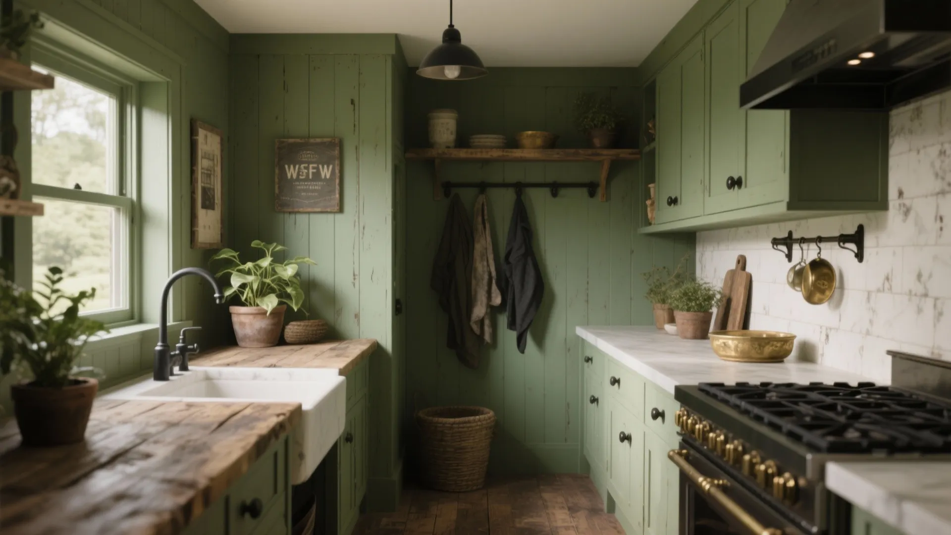 Small kitchen corner painted in olive and moss greens with black hardware, aged brass and reclaimed wood under warm daylight.