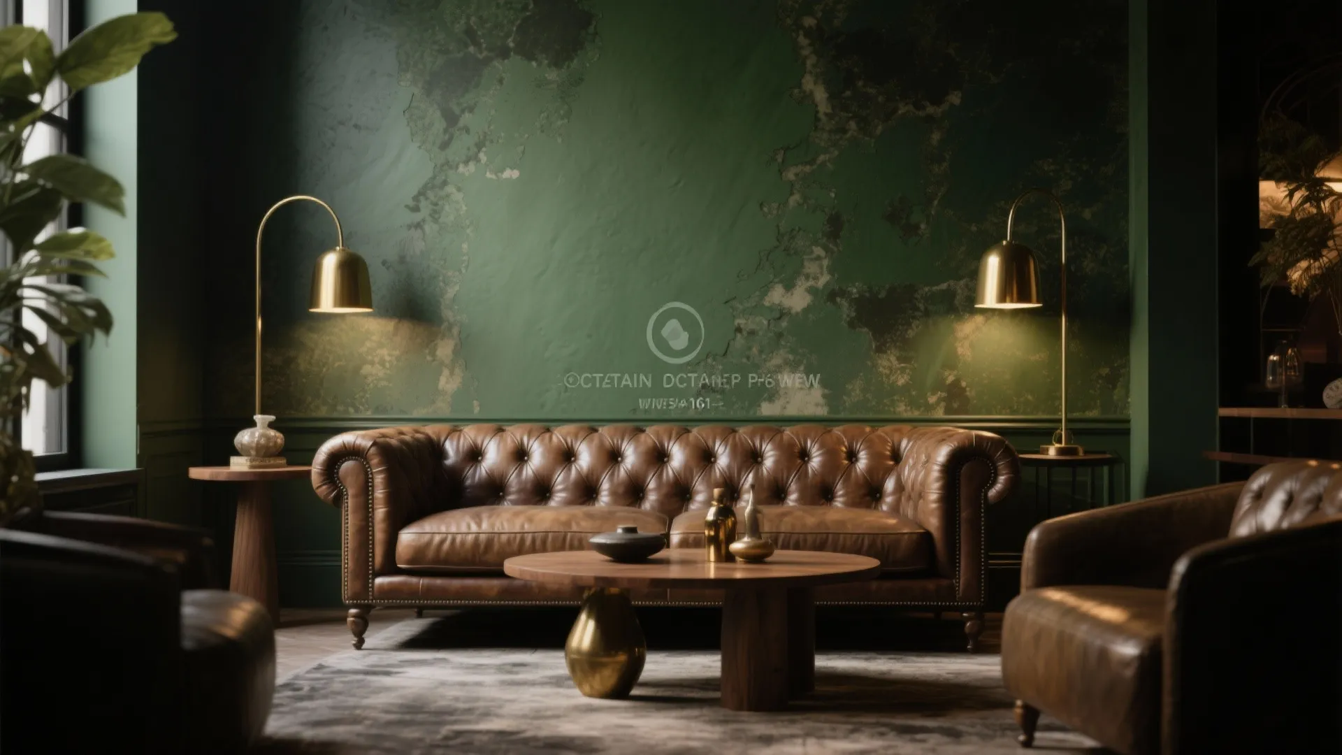 Classic interior design with brown leather sofa dark green walls gold lamps and wooden table