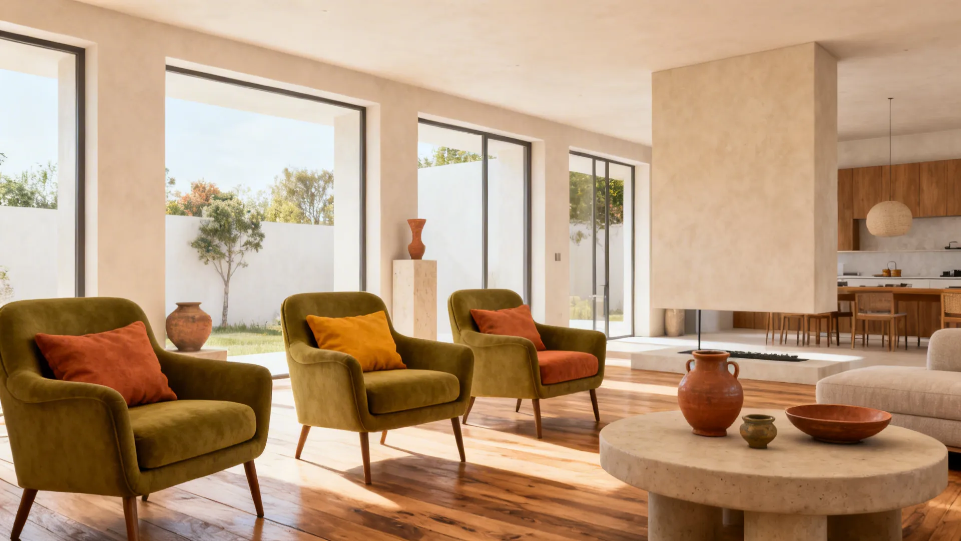 Olive chairs with mustard and terracotta accents in an open-plan living area