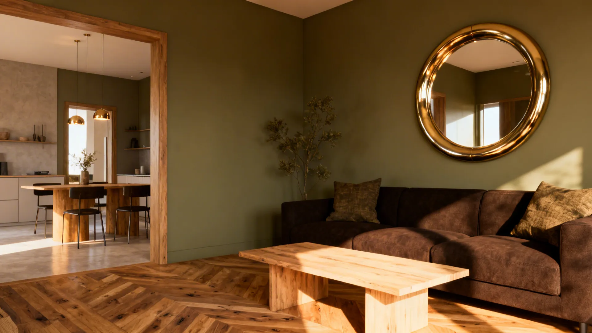 Green living room with wood floor a brown sofa round gold mirror and dining area