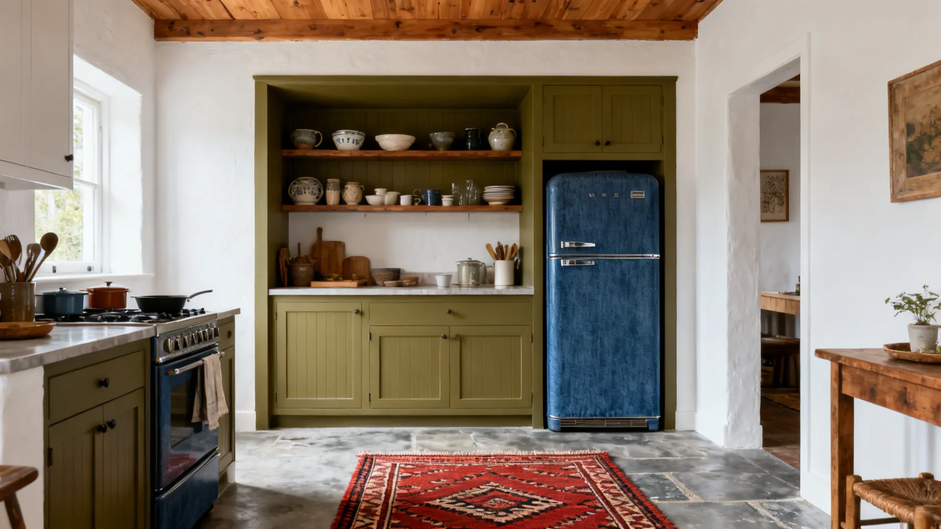 Idea 3: Olive Pantry Niche + Denim Blue Appliances + Brick-Red Rug