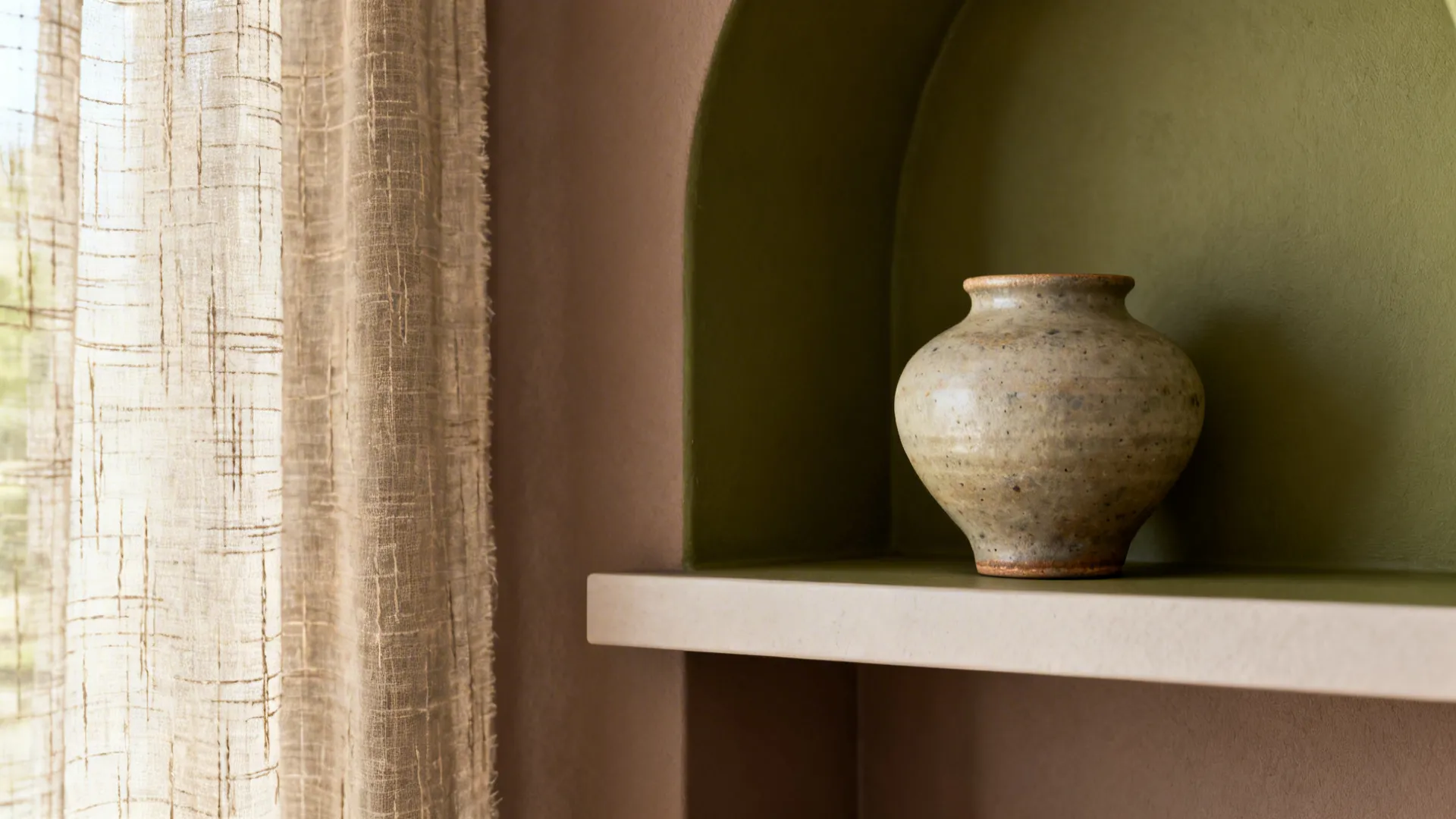 Macro of olive niche edge on mocha taupe wall with floating shelf and linen curtain texture.