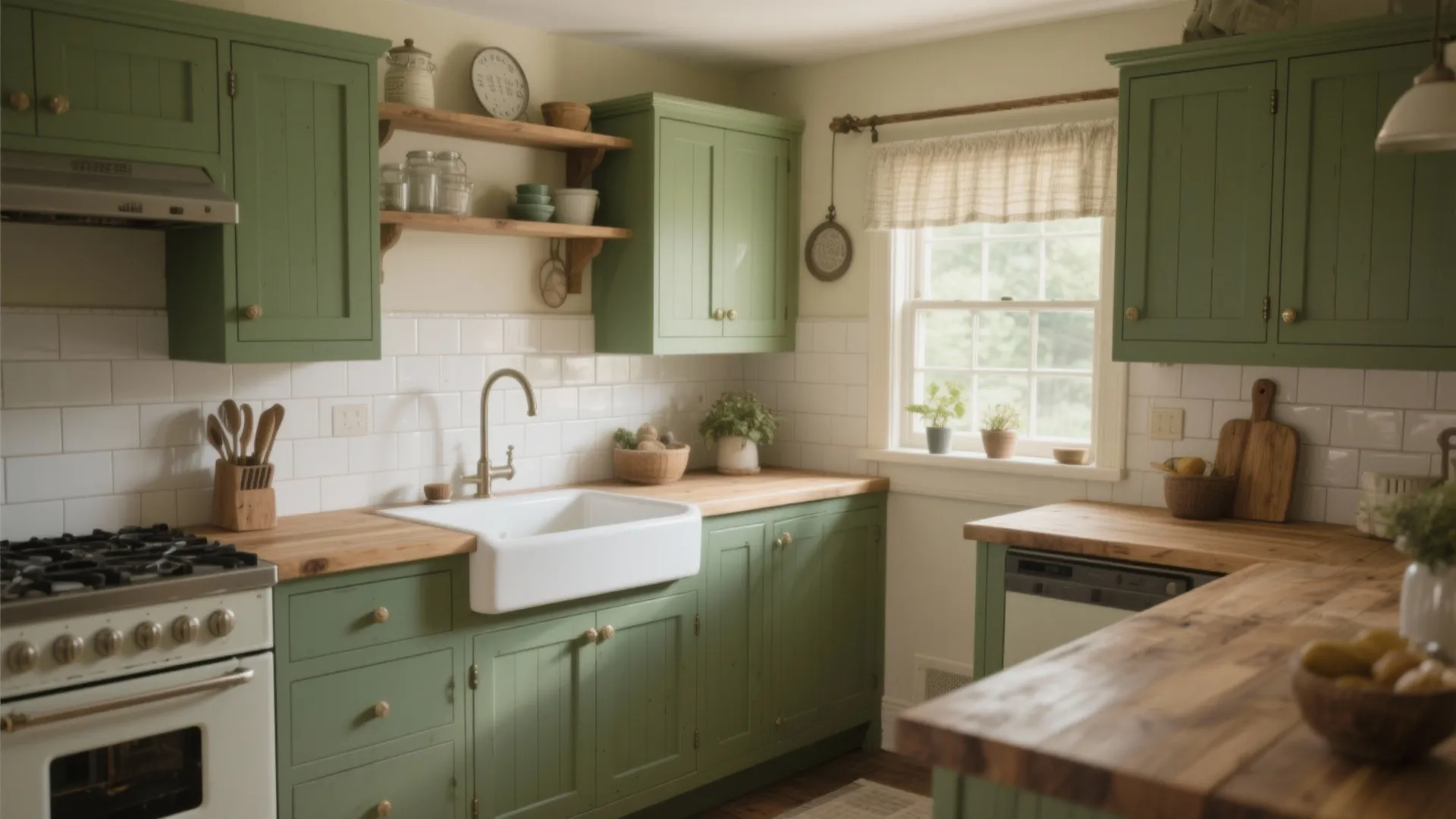 Rustic kitchen with green cabinets wood countertops white sink gas stove and a bright window