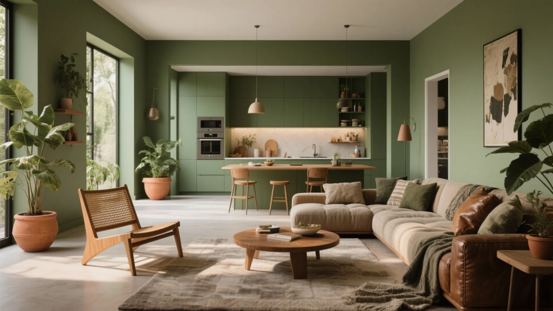 Modern olive green open plan kitchen and living room with tan sofa and wooden furniture