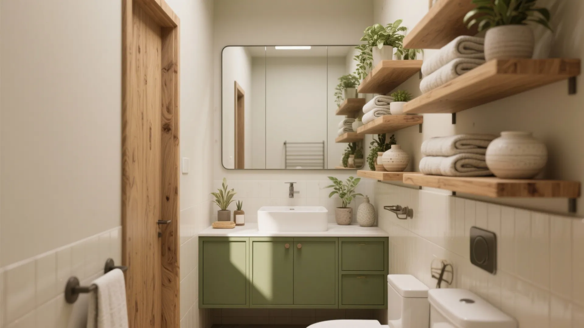 Small bathroom with olive green cabinet white sink wooden shelves plants and a large mirror