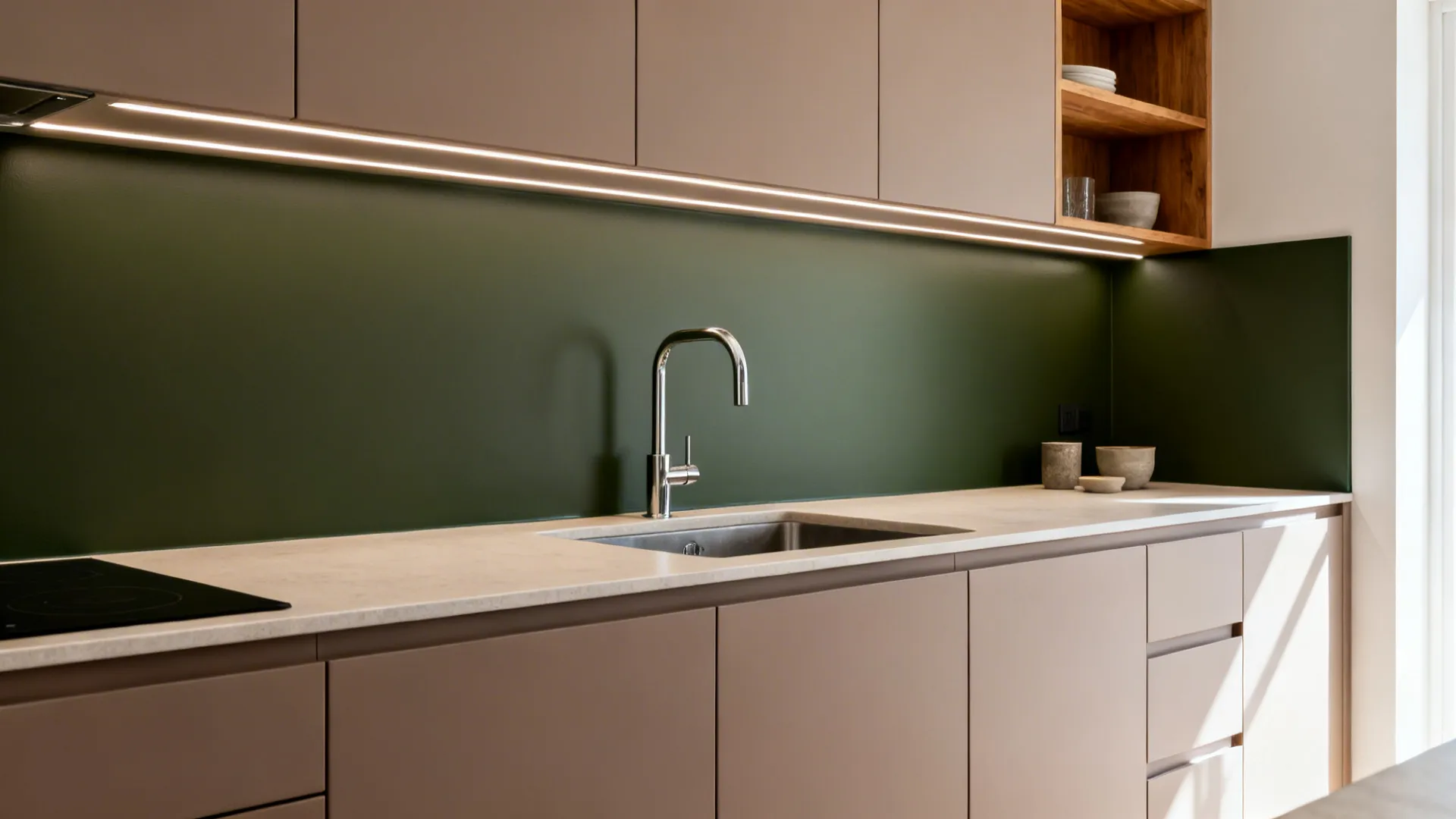 Small UK kitchen with deep olive satin painted splashback and oak shelves for a cohesive budget look.