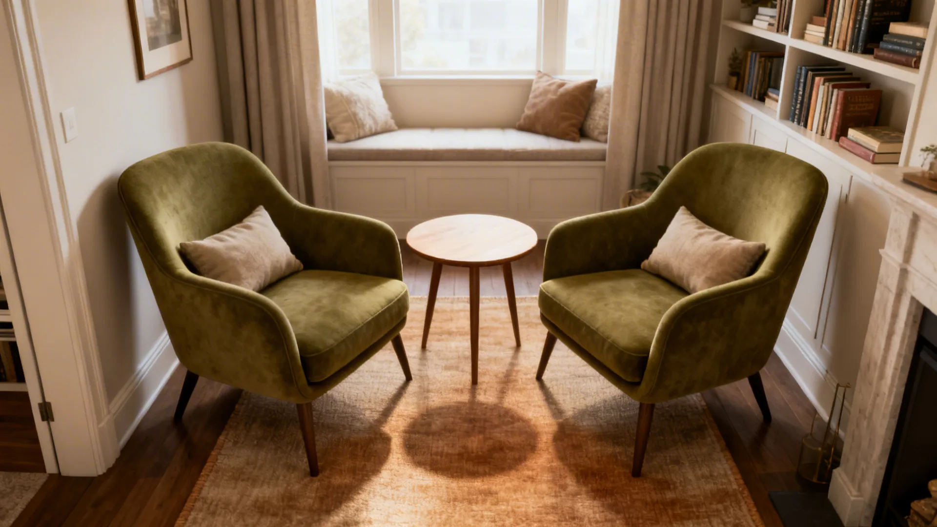 Two olive green chairs facing a small round wooden table in a cozy reading nook
