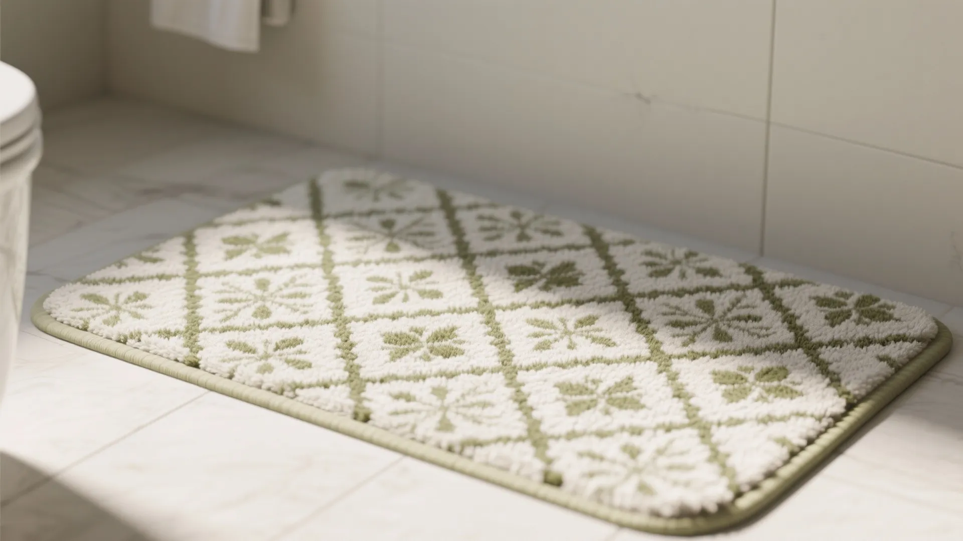 Patterned bathroom mat with olive accents showing geometric botanical motifs