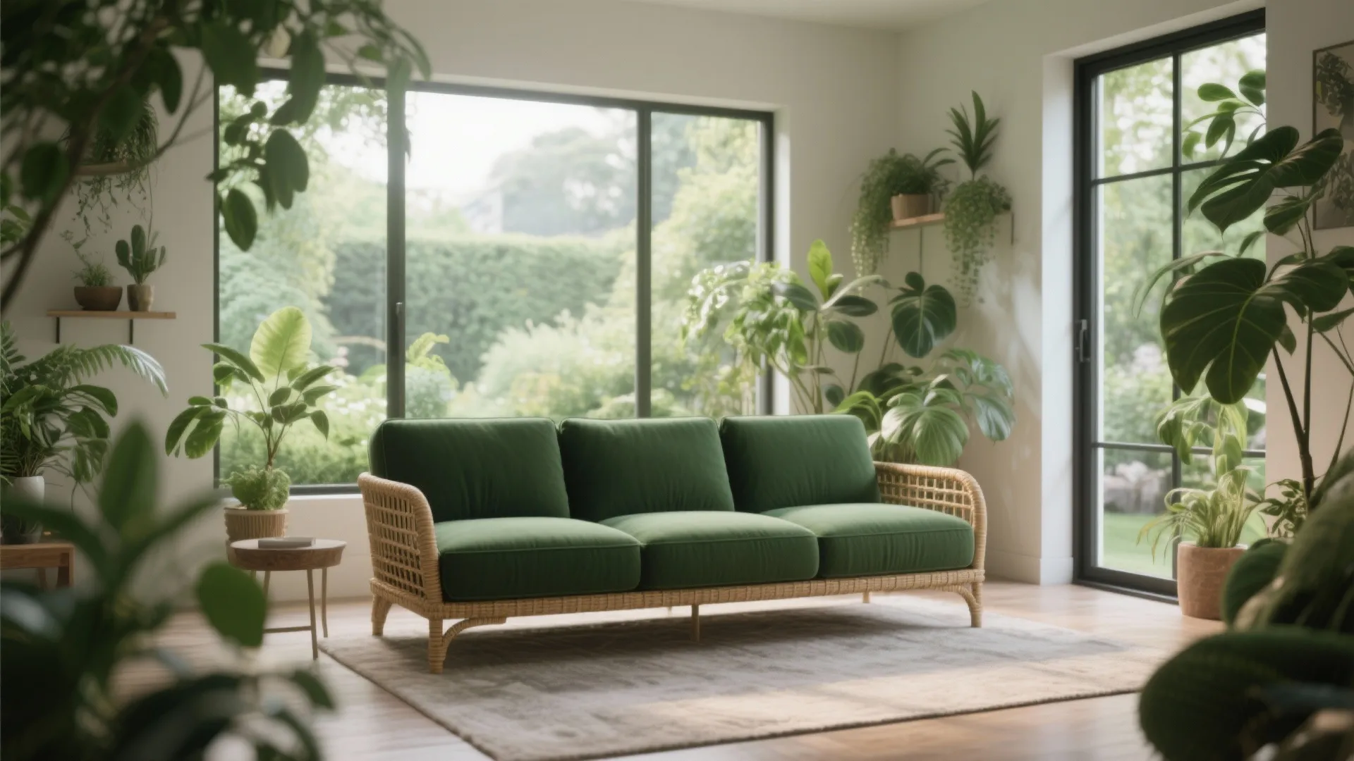 Olive green painted rattan sofa with garden backdrop